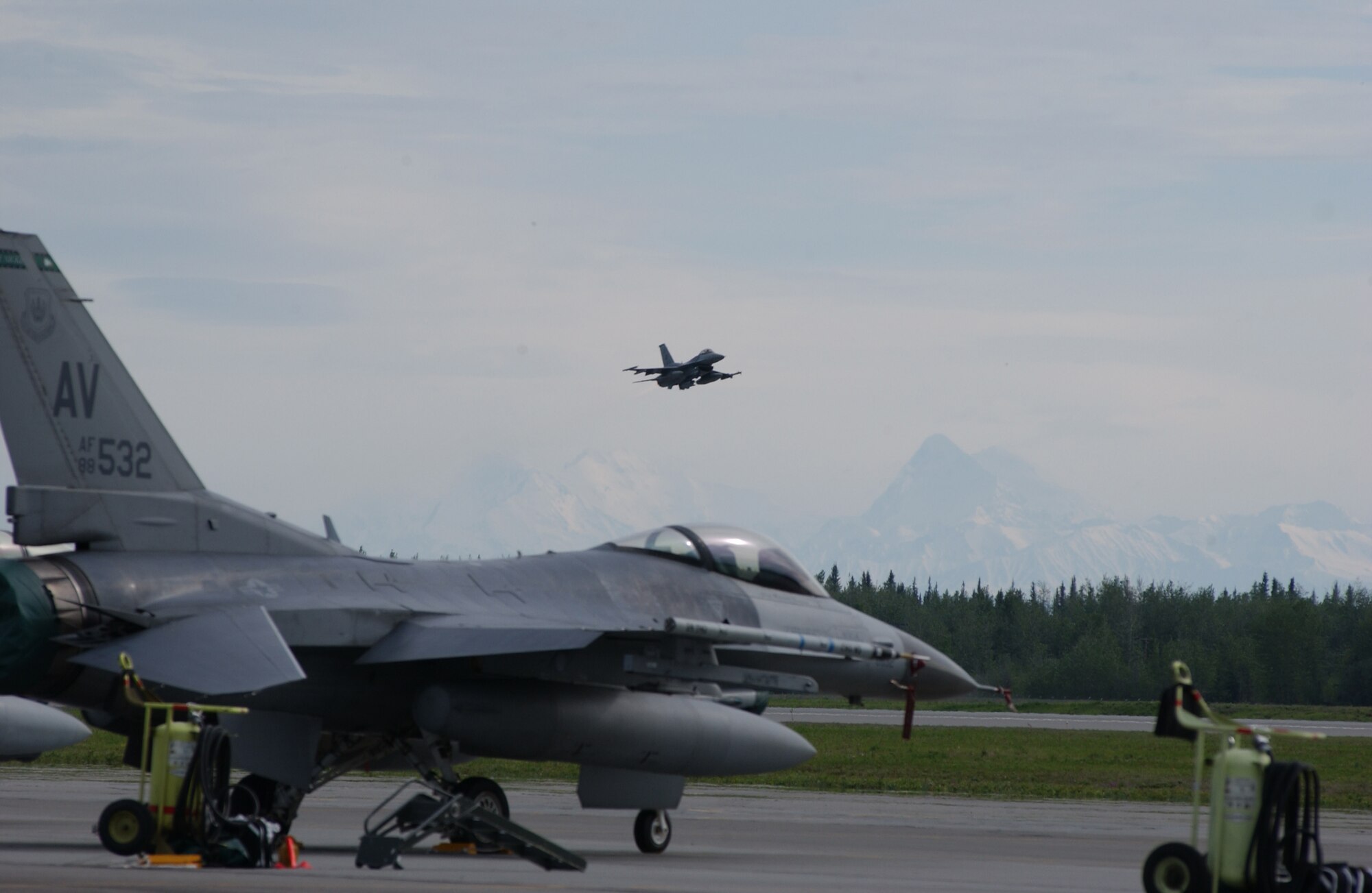 EIELSON AIR FORCE BASE, Alaska -- An F-16 Fighting Falcon, 555th Fighter Squadron, Aviano Air Base, Italy, takes off for a mission for Red Flag-Alaska 07-2 June 4 here. RF-A 07-2 is a Pacific Air Forces-directed field training exercise for U.S. and coalition forces flown under simulated air-combat conditions. It is conducted on the Pacific Alaska Range Complex with air operations flown out of Eielson and Elmendorf Air Force Bases.  (U.S. Air Force Photo by Airman 1st Class Jonathan Snyder)
