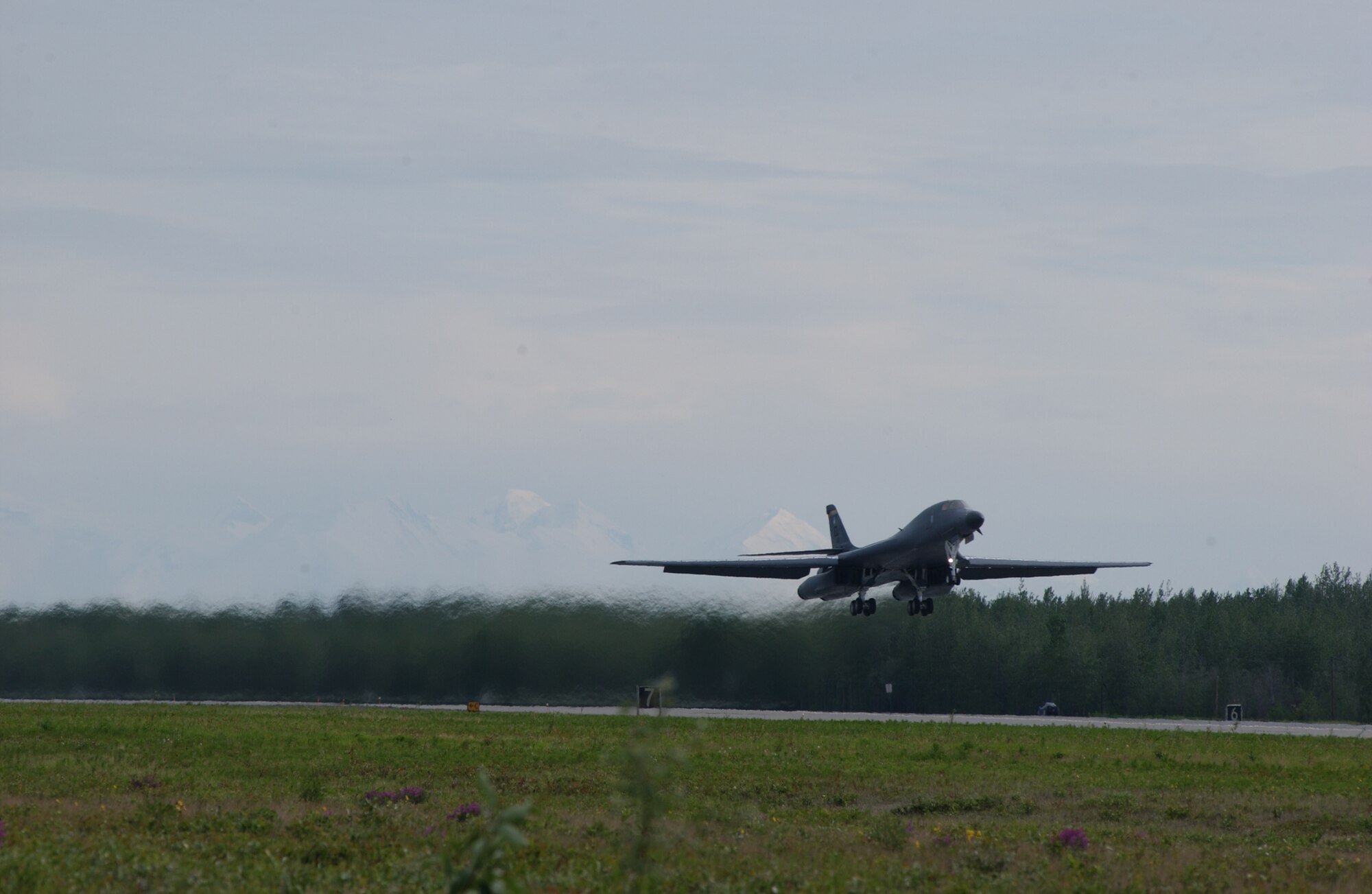 EIELSON AIR FORCE BASE, Alaska -- A B-1B Lancer from Ellsworth Air Force Base, S.D., takes off for a mission for Red Flag-Alaska 07-2 June 4 here. RF-A 07-2 is a Pacific Air Forces-directed field training exercise for U.S. and coalition forces flown under simulated air-combat conditions. It is conducted on the Pacific Alaska Range Complex with air operations flown out of Eielson and Elmendorf Air Force Bases. (U.S. Air Force Photo by Airman 1st Class Jonathan Snyder) 