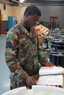 Tech. Sgt. Timothy Grant, 723rd Maintenance Squadron AGE flight production support NCO in-charge, inspects a hazardous materiel log during a facilties inspection June 5. Sergeant Grant was just selected for the John L. Levitow leadership award while attending the Paul W. Airey NCO Academy at Tyndall Air Force Base, Fla. (U.S. Air Force photo by Tech. Sgt. Parker Gyokeres)
