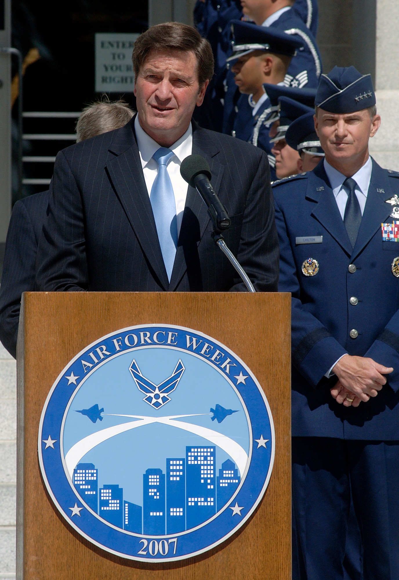 California Lt. Gov. John Garamendi addresses the crowd during the Air Force Week California Proclamation Ceremony June 4 at Sacramento, Calif. The purpose of Air Force Week is to inform and educate the American public about the importance and roles of the Air Force in America's national defense. (U.S. Air Force photo/Tech. Sgt. Larry A. Simmons)
