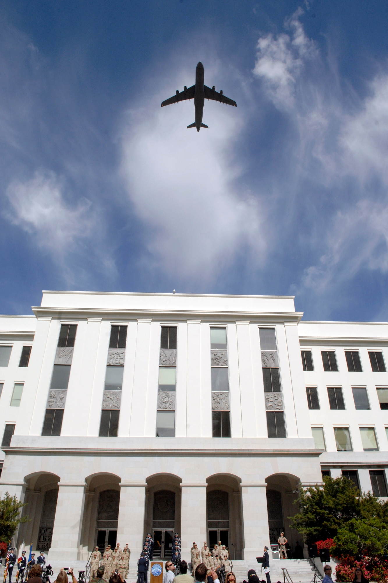 A C-5 Galaxy performs a fly-over above the California State Capitol during the Air Force Week California Proclamation Ceremony June 4 at Sacramento, Calif. The purpose of Air Force Week is to inform and educate the American public about the importance and roles of the Air Force in America's national defense. The C-5 is from Travis Air Force Base, Calif. (U.S. Air Force photo/Tech. Sgt. Larry A. Simmons)

