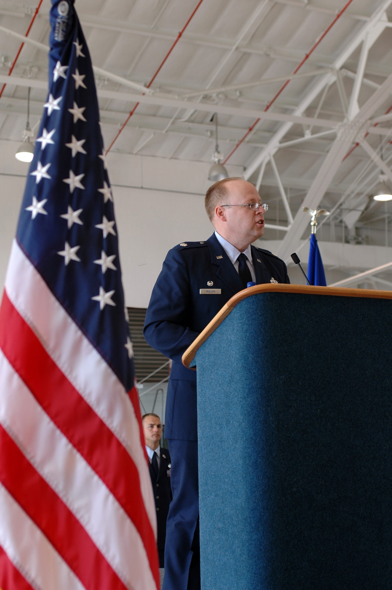 Lt. Col. Jeffrey Mullen, newly appointed 917th Maintenance Group commander, speaks to his troops at the 917 MXG Assumption of Command Sunday, June 3, in the A-10 hangar. (U.S. Air Force/Staff Sgt. Ebony Nichols)
