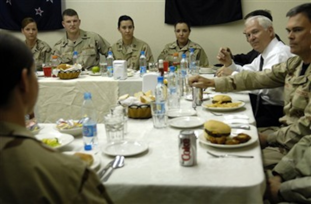 Secretary of Defense Robert M. Gates meets with junior enlisted officers deployed to Manas Airbase, Bishkek, Kyrgyzstan, June 5, 2007.  Gates held the informal meeting to hear directly from the troops about their concerns and answer their questions.  