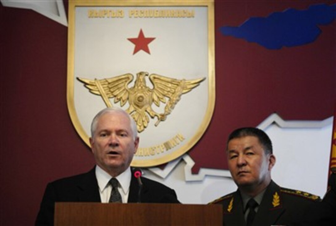 Secretary of Defense Robert M. Gates conducts a press conference with Kyrgyzstan Minister of Defense General-Lieutenant Ismail Isakovich Isakov following their meeting in Bishkek, Kyrgyzstan, on June 5, 2007.  Gates thanked the people of Kyrgyzstan for their continued support for operations in Afghanistan and the global war on terrorism.  