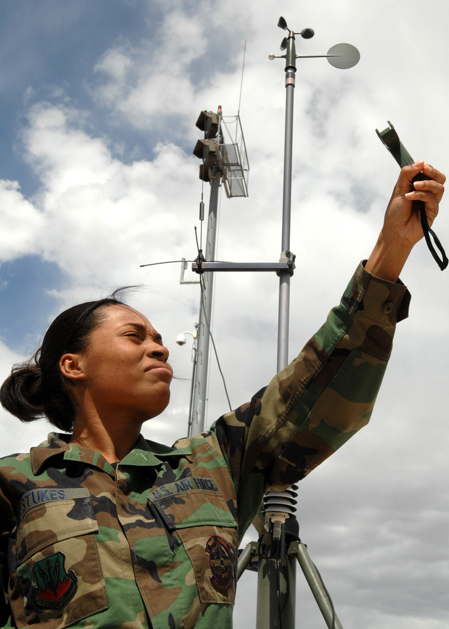 Senior Airman Kimberly Stukes, 49th Operations Support Squadron Weather Flight, uses an instrument to observe the weather. (U.S. Air Force photo by Airman 1st Class John Strong)