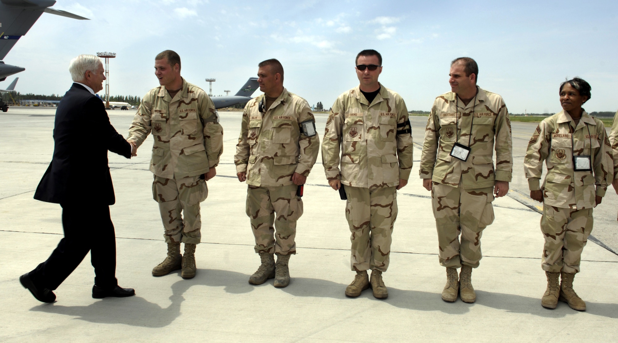 Secretary of Defense Robert M. Gates meets Airmen deployed to Manas Air Base, Kyrgyzstan, June 5.  During the trip, he took the opportunity to hear directly from the troops about their concerns and to answer their questions.  (DOD photo/Cherie A. Thurlby)