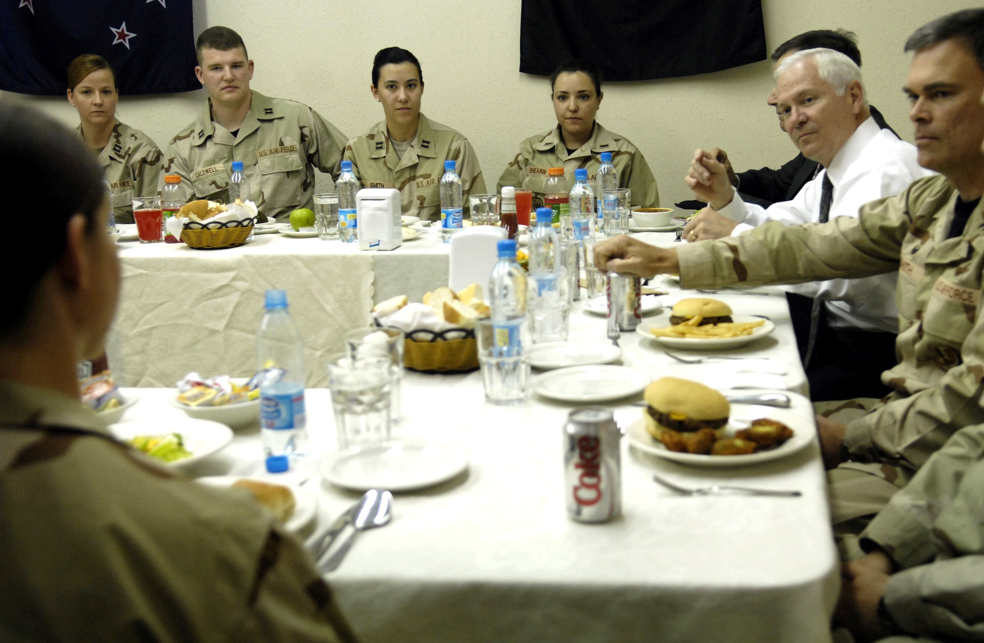 Secretary of Defense Robert M. Gates meets with junior Air Force officers deployed to Manas Airbase, Kyrgyzstan, June 5. Secretary Gates held the informal meeting to hear directly from the troops about their concerns and to answer their questions.  (DOD photo/Cherie A. Thurlby)