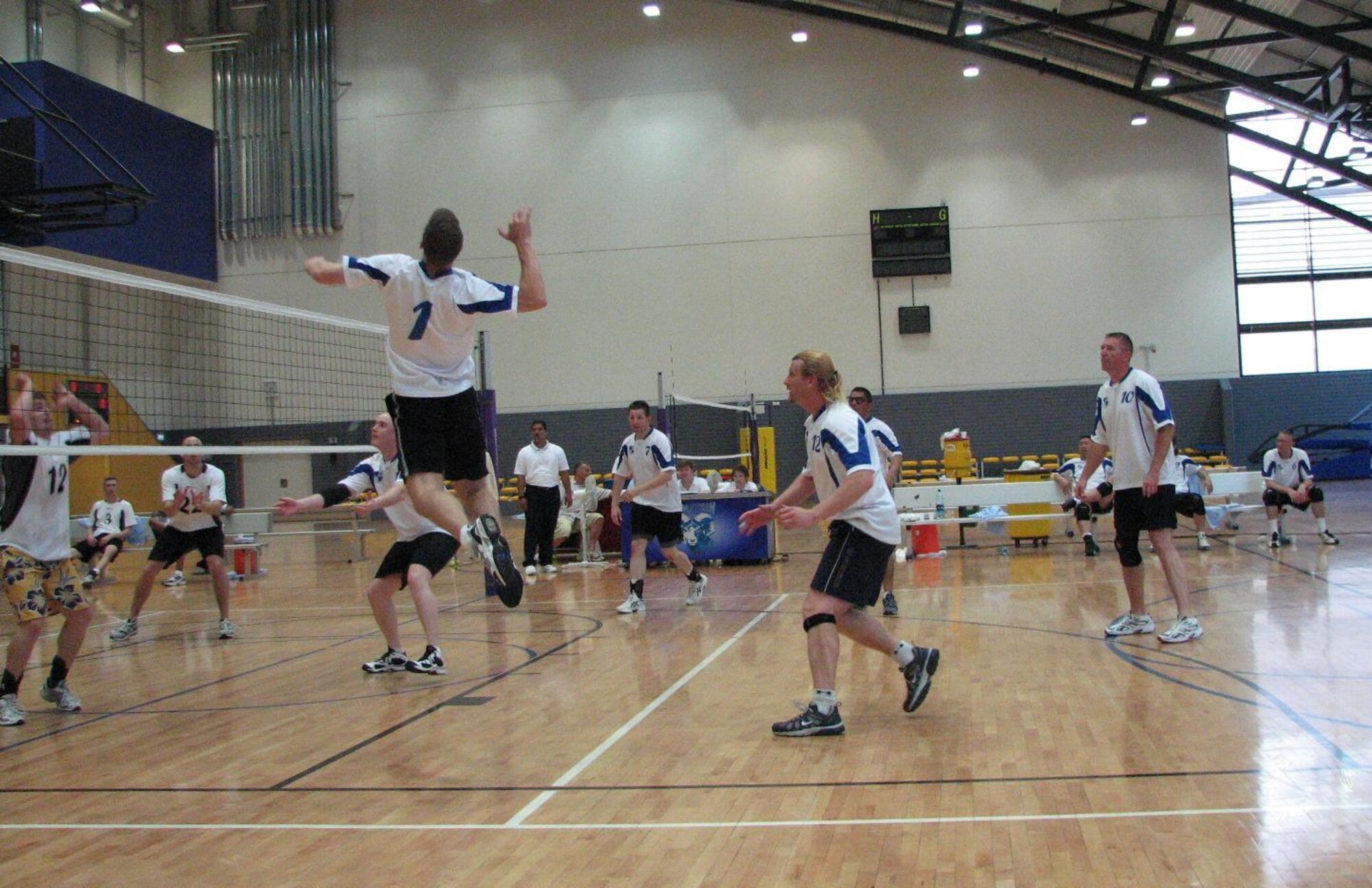 Michael Green, “All tournament” player for the 501st  Combat Support Wing Men’s Varsity Volleyball Team delivers an ‘on target’ spike to crush the opposing team at the United States Air Forces’ Volleyball Championship last week. (Courtesy photo)