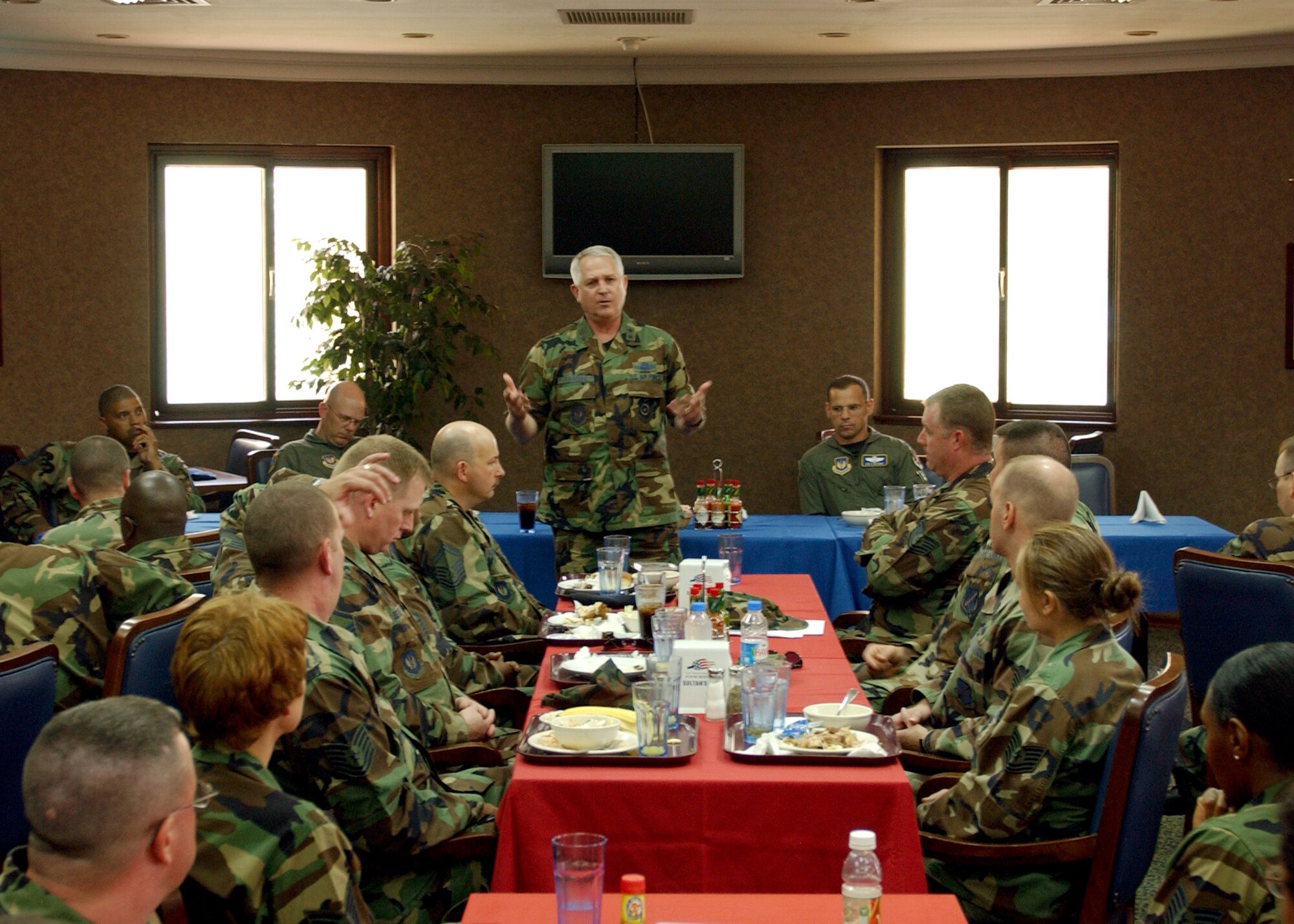 Maj. Gen. Paul Fletcher 3rd Air Force Vice Commander, talks to Incirlik's Sergeants on AFSO 21 policies and its importance inside the Sultans Inn June 6. One Master Sergeant stated that some shops at Incirlik had trouble sending troops TDY due to the recent budget cuts. AFSO 21 is vital to the Air Force by helping improve its job activities and time efficiency. (U. S. Air Force photo by Airman First Class Timothy A. Taylor)