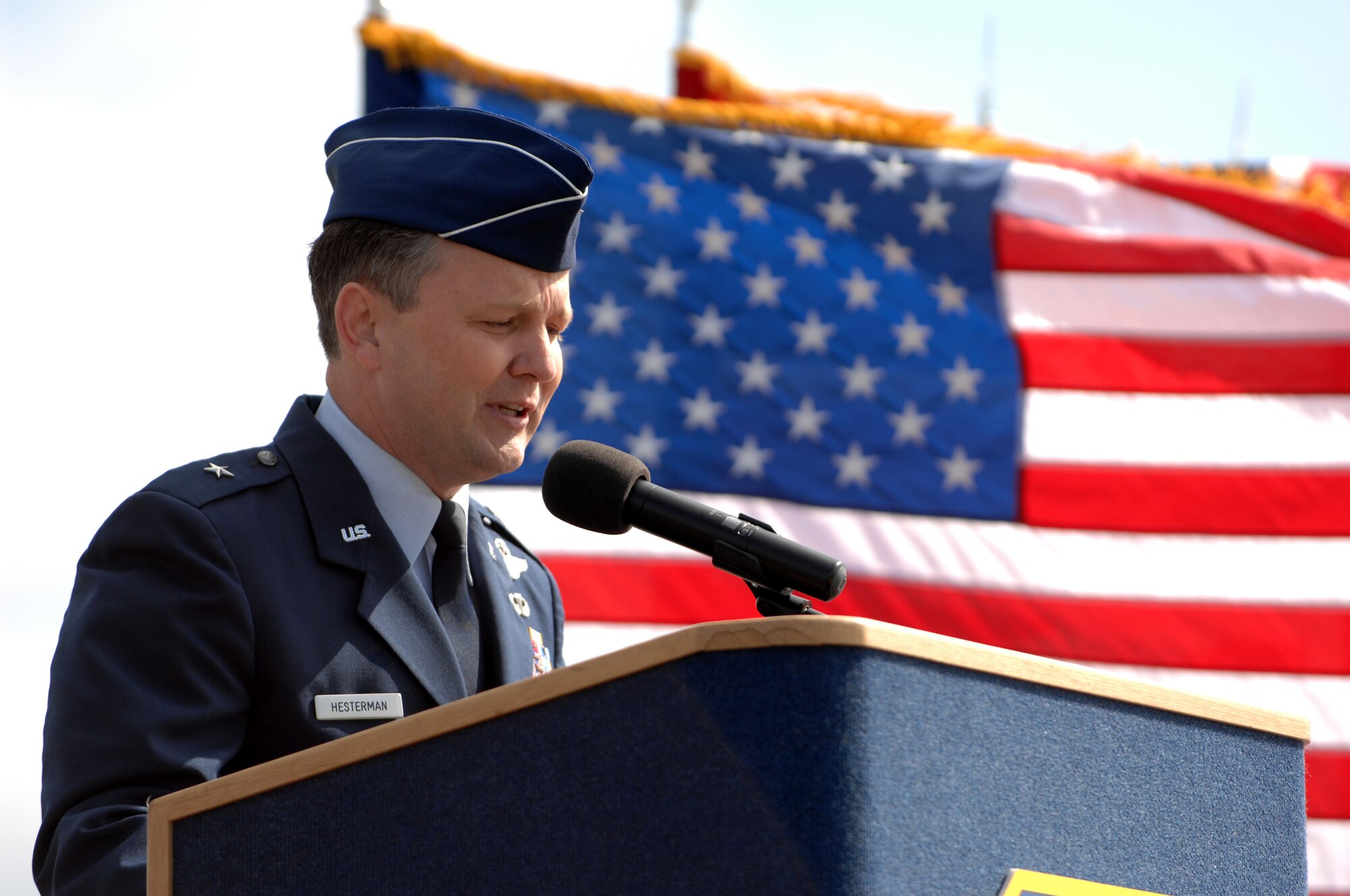 Brigadier General John W. Hesterman III speaks to the men and women of the 48th Fighter Wing after he assumed command of the 48th Fighter Wing June 5. (USAF Photo by Staff Sgt. Christopher A Campbell)

