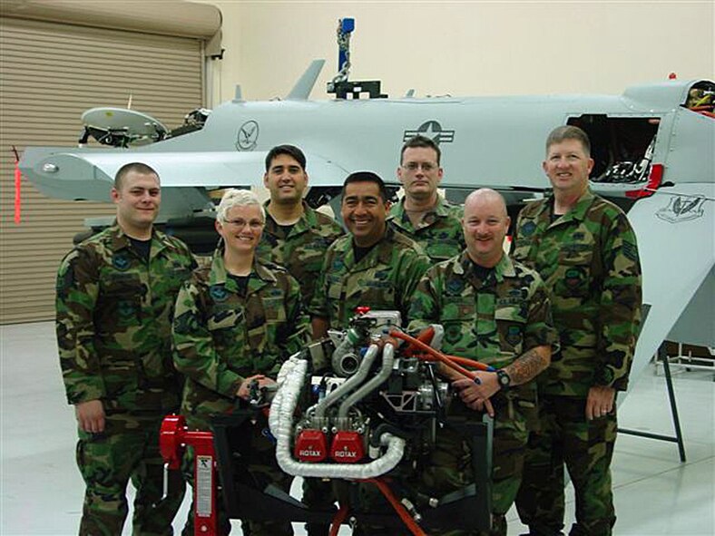 Field training detachment instructors from the 163 RW, March Air Reserve Base (left to right) Technical Sgt. Heath Branham, Technical Sgt. Jennifer Oberg, Technical Sgt.Mike Adams, Master Sgt. Bill Salinas, Senior Master Sgt.John Clayton, Technical Sgt. Bryan Miller and Technical Sgt. Carson Brassfield. (U.S. Air Force photos by Master Sgt. Bill Salinas)