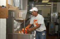 Julian Ibarra, a 10th grader at Stacey High School on Lackland Air Force Base, Texas, works at the fry machine at an area McDonald's restaurant on June 6 as part of the free 10th annual Camp Mickey D's program. According the press release, the weeklong camp teaches students how to turn their academic learning into job success by allowing the students hand-on, practical experience in the workplace. The camp emphasizes concepts such as teamwork, hospitality, safety in the workplace, problem solving, business profitability, cleanliness, sanitation and food safety measures. Julian is the son of Kristina and Tech. Sgt. Salvador Flores. Sergeant Flores is assigned to the 37th Logistics Readiness Squadron. (USAF photo by Alan Boedeker)  