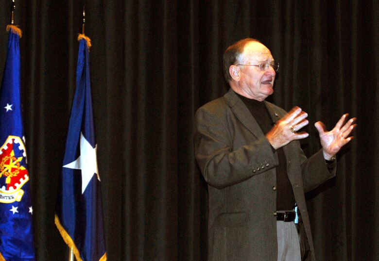 Retired Col. Lawrence "Rocky" Lane, former chief of Air Mobility Command security forces and Air Force security forces officer, gives his speech to Air Force Phoenix Raven Program students during a graduation for the Raven Class 07-D May 24, 2007, in the U.S. Air Force Expedtionary Center on Fort Dix, N.J.  Colonel Lane started the Raven program in 1997 and earned the Raven #1 number after graduating in the first Raven class that year.  He was the featured guest speaker for the 10th anniversary of the Raven program.  (U.S. Air Force Photo/Tech. Sgt. Scott T. Sturkol)