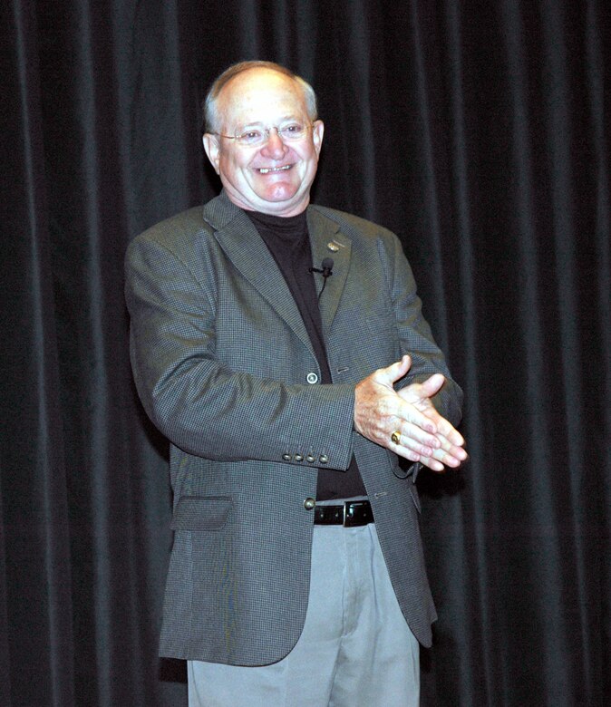 Retired Col. Lawrence "Rocky" Lane, former chief of Air Mobility Command security forces and Air Force security forces officer, smiles during his speech to Air Force Phoenix Raven Program students during a graduation for the Raven Class 07-D May 24, 2007, in the U.S. Air Force Expedtionary Center on Fort Dix, N.J.  Colonel Lane started the Raven program in 1997 and earned the Raven #1 number after graduating in the first Raven class that year.  He was the featured guest speaker for the 10th anniversary of the Raven program.  (U.S. Air Force Photo/Staff Sgt. Sonya Wratchford)