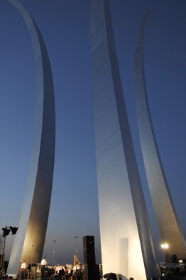 Retired Col. Arnold D. Gabriel, U.S. Air Force Band conductor emeritus, lead the Band in an outdoor concert at the Air Force Memorial June 6. The program, which paid homage to the D-Day invasion, June 6, 1944, included “Hymn to the Fallen,” from “Saving Private Ryan” by Hollywood film composer and U.S. Air Force alumnus John Williams. Colonel Gabriel served as commander of the Band from 1964-1985. Prior to his commissioning, he served as a machine gunner with the famed 29th Infantry Division during World War II, landing on Omaha Beach on D-Day. He was twice awarded the Bronze Star and earned the French Croix de Guerre. (U.S Air Force photo by Airmen 1st Class Alexandre Montes)  