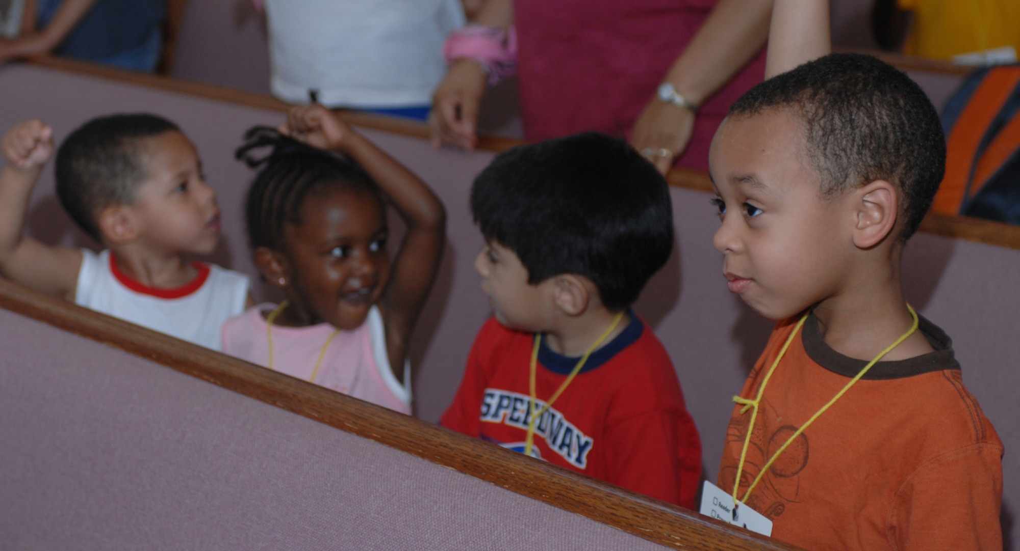 DYESS AIR FORCE BASE, Texas - Stephen Scott and the rest of his class, the "Prarie Dogs," sing along to a song they have learned while at Vacation Bible School at the base chapel June 6. During the week-long event, the children learn a different religious lesson every day. To remember the lesson, they do fun activities and sing alongs. (U.S. Air Force photo by Airman 1st Class Jennifer Romig)