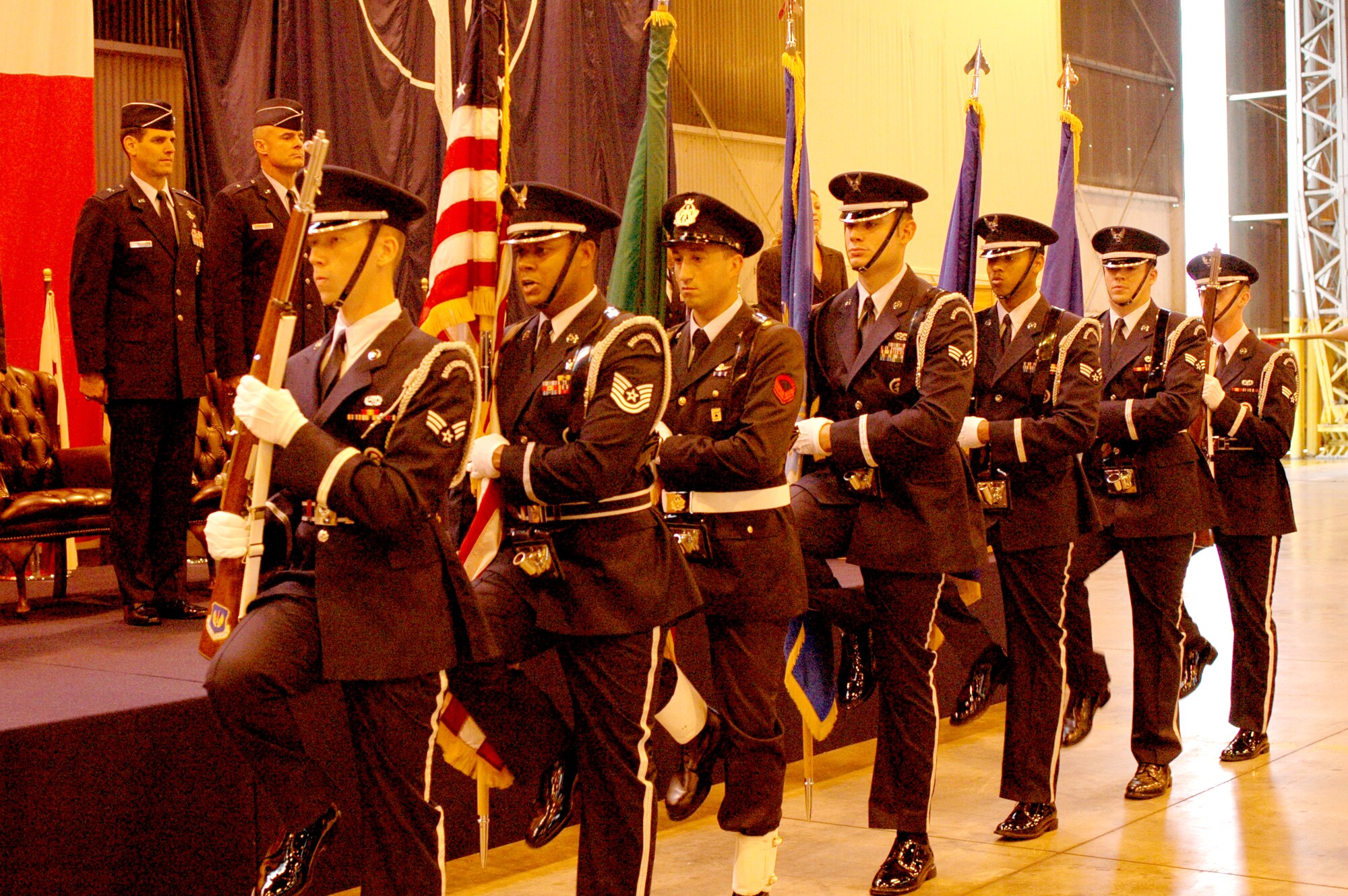 Members of the 31st Fighter Wing and Italian air force Honor Guard post the colors during the 31st FW change of command ceremony June 1. (U.S. Air Force photo by Tech. Sgt. Charlein Sheets)