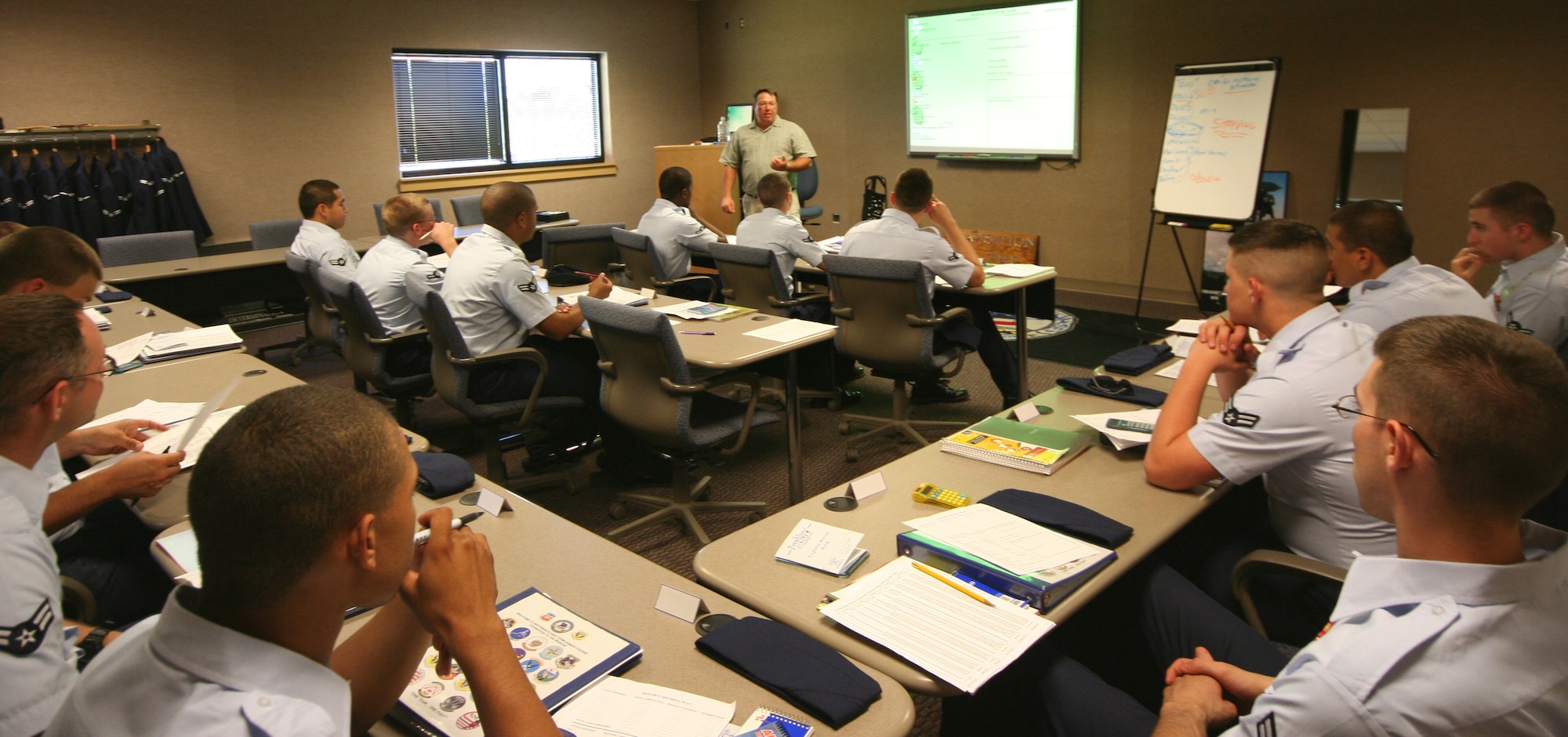 R.D. “Smitty” Smith, Airman and Family Readiness Center, gives a financial management briefing to the FTAC class 07-J at the Professional Development Center June 6. (U.S. Air Force photo/Airman 1st Class Stephen Linch)