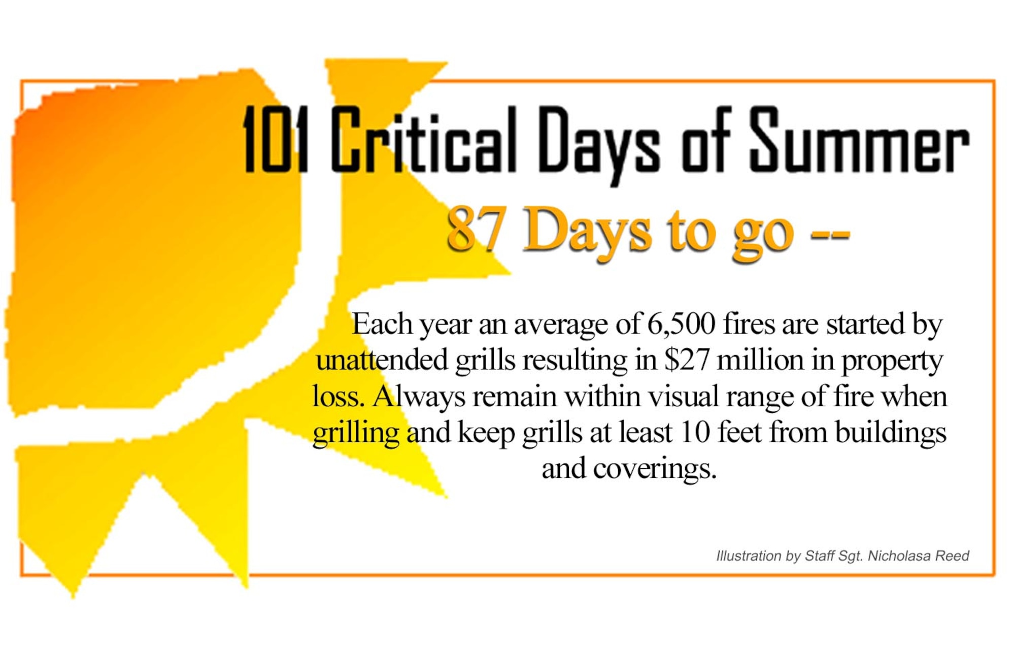 Each year an average of 6,500 fires are started by unattended grills resulting in $27 million in property loss. Always remain within visual range of fire when grilling and keep grills at least 10 feet from buildings and coverings. (Illustration by Staff Sgt. Nicholasa Reed)