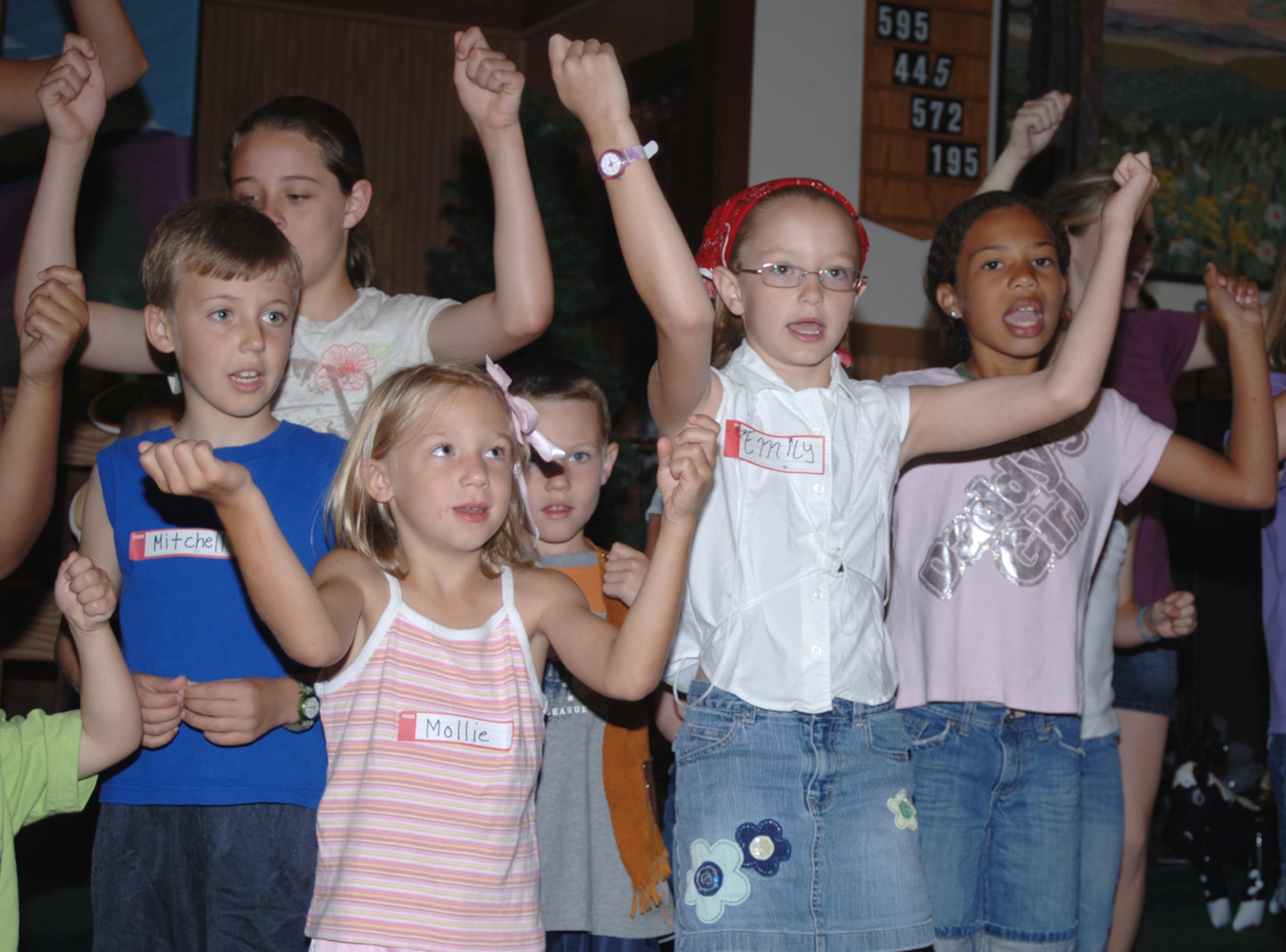 CAFB youth sing and worship at the Avalanche Ranch Vacation Bible School hosted by the Chapel Wednesday. (U.S. Air Force Photo by Airman 1st Class Danielle Powell)