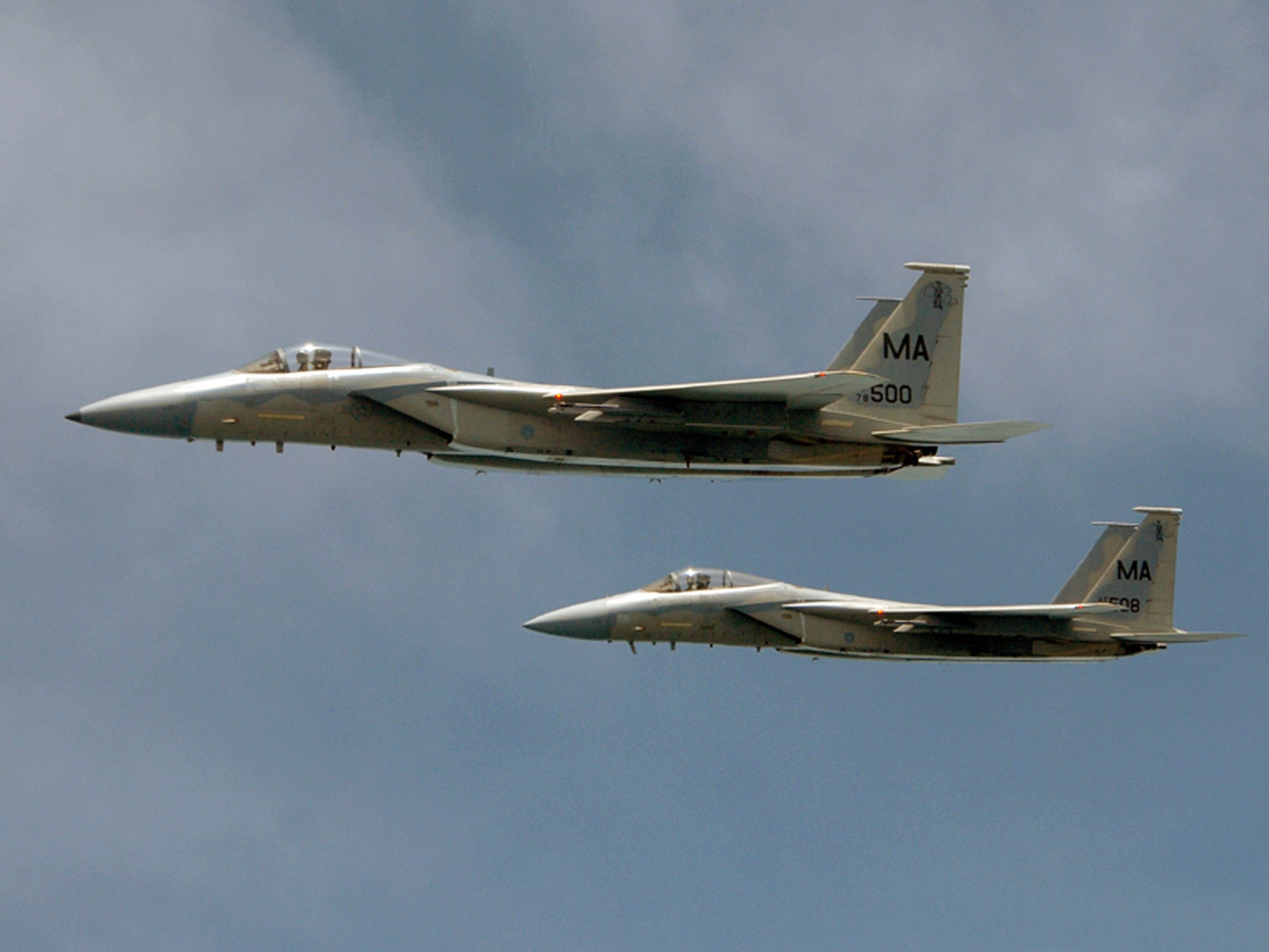Two F-15 Eagles from the Massachusetts Air National Guard's 102nd Fighter Wing participate in a special event held June 6 to promote Air Force Week New England which will take place in August.  (U.S. Air Force photo/Senior Master Sgt. Robert Sabonis)