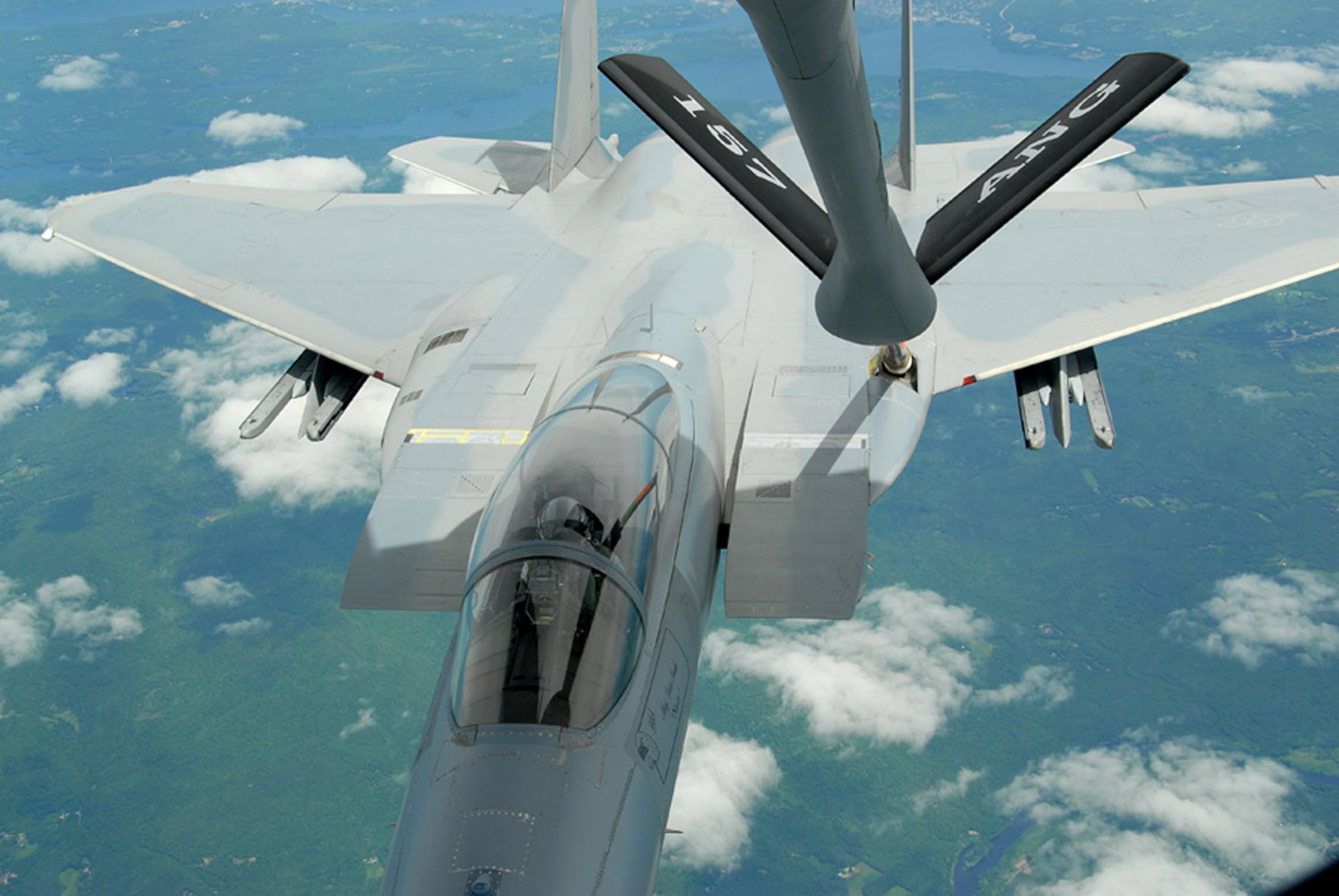 An F-15 Eagle from Otis Air National Guard Base, Mass., refuels during a special event held June 6 to promote Air Force Week New England which will take place in August.  (U.S. Air Force photo/Senior Master Sgt. Robert Sabonis)