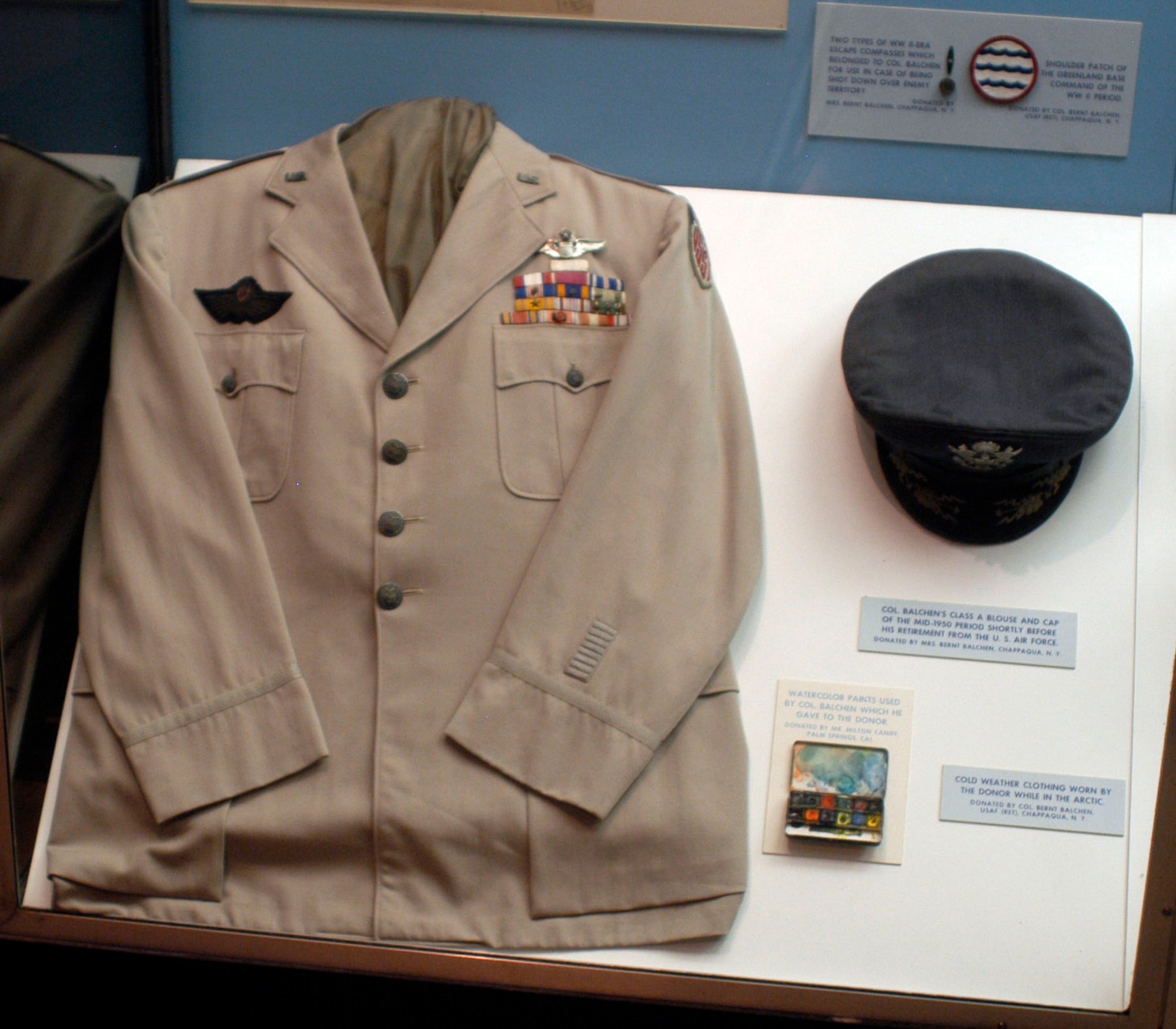 DAYTON, Ohio -- Col. Bernt Balchin's Class A blouse and cap on display in the World War II Gallery at the National Museum of the U.S. Air Force. Donated by Mrs. Bernt Balchen of Chappaqua, N.Y. (U.S. Air Force photo) 