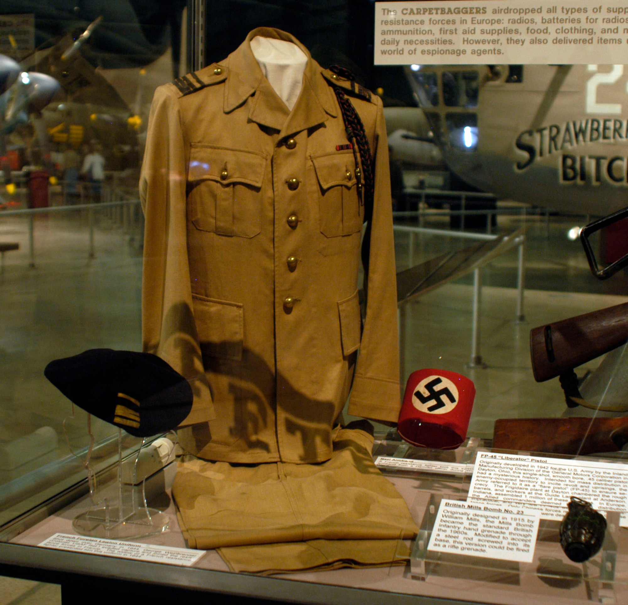 DAYTON, Ohio -- Shot down over Germany in 1944, Col. (Ret.) George Weinbrenner evaded capture and joined the resistance forces in France. The widow of a French resistance fighter presented him this uniform in 1944. The uniform is on display in the World War II Gallery at the National Museum of the U.S. Air Force. (U.S. Air Force photo)  