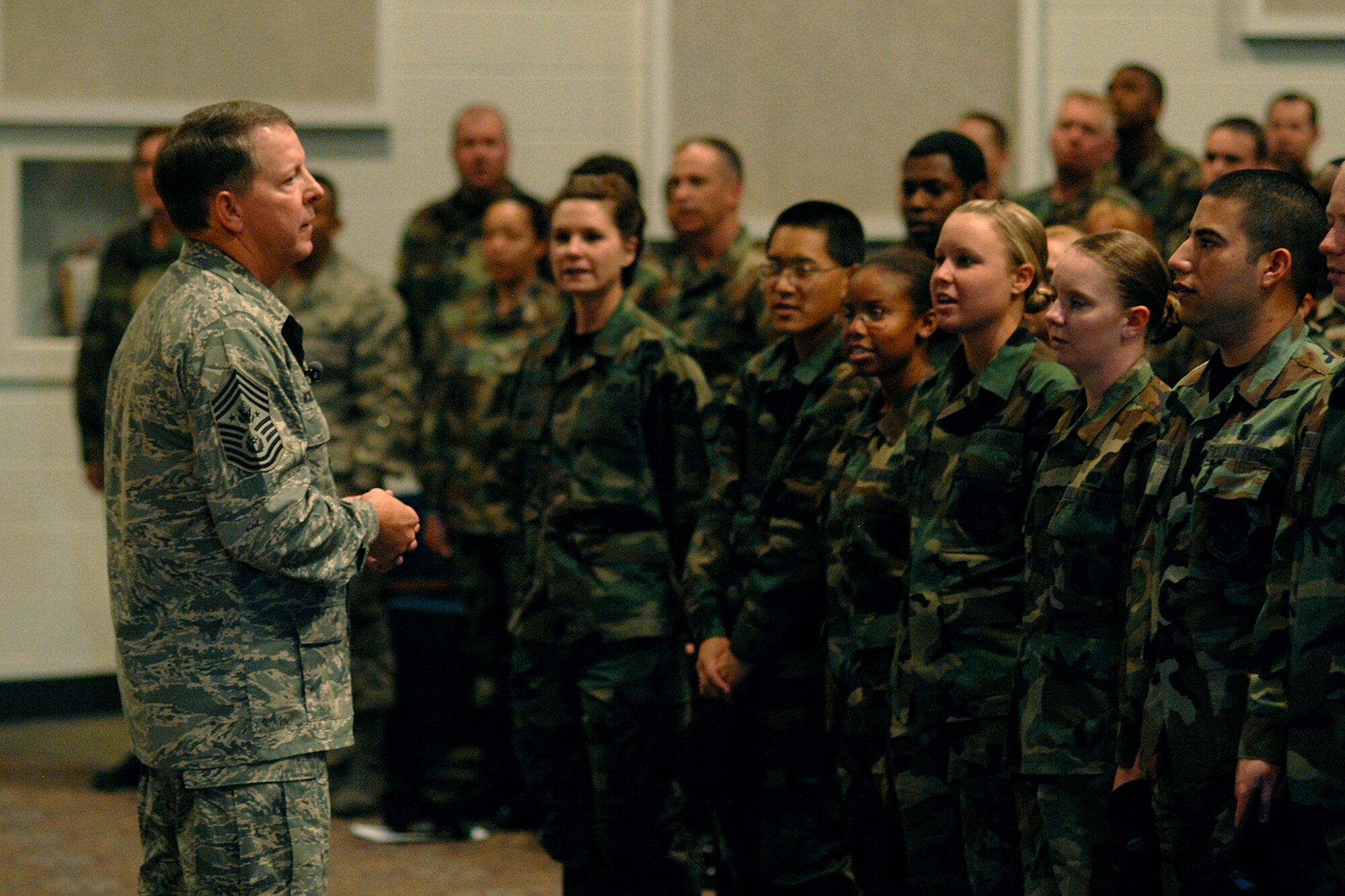 Chief Master Sergeant of the Air Force Rodney McKinley held an enlisted call June 6 at the Peterson auditorium. Chief McKinley addressed the Air Force Shaping Initiative, new uniforms, training and other Air Force priorities. (U.S. Air Force photo by Larry Hulst)