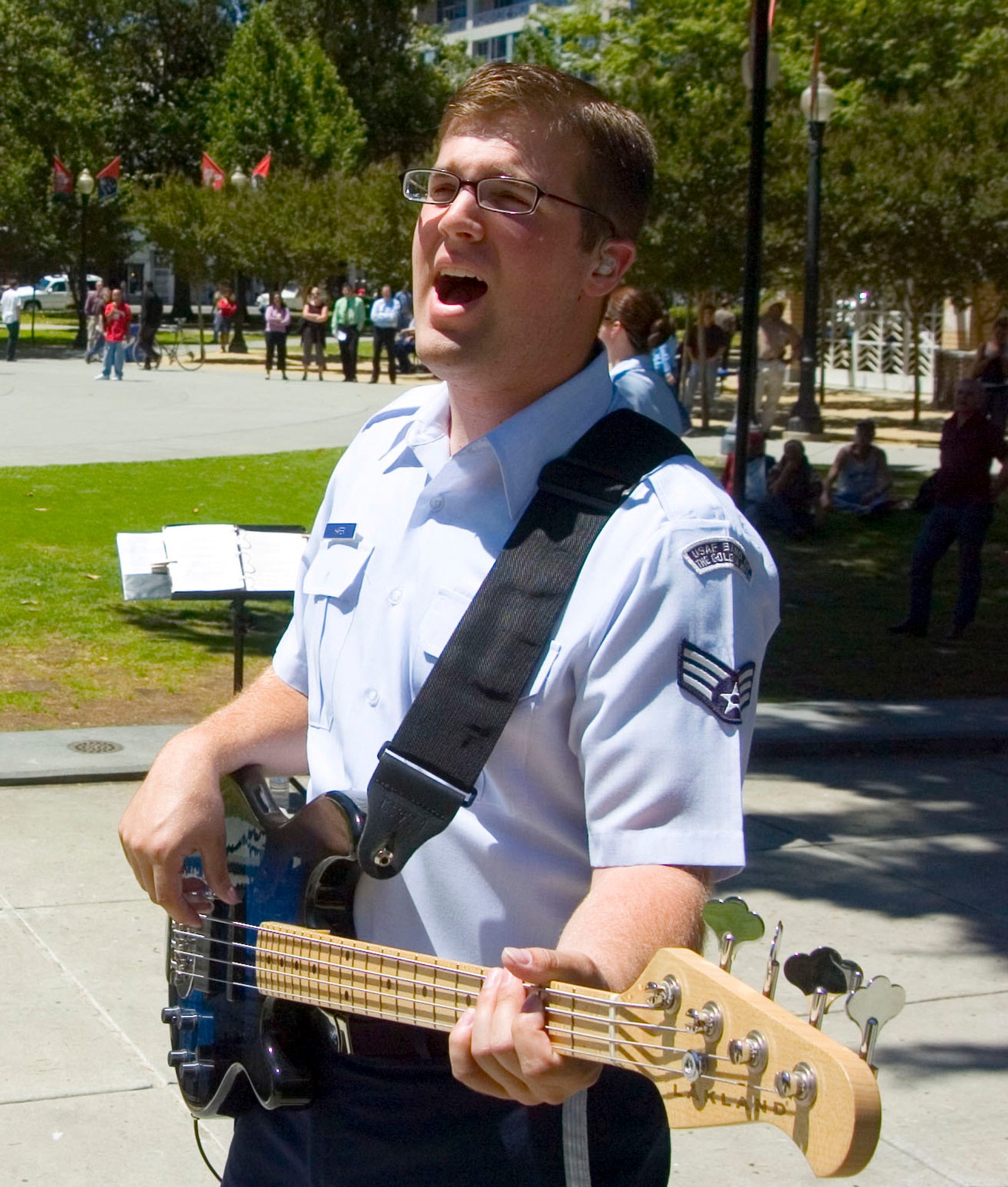Senior Airman Jason Hafer performs with the Air Force Band of the Golden West from Travis performs in the Cesar Chavez Plaza as part of Air Force Week June 7 in Sacramento, Calif. This was his final performance with the band. (U.S. Air Force photo/Staff Sgt. Joseph Prouse) 
