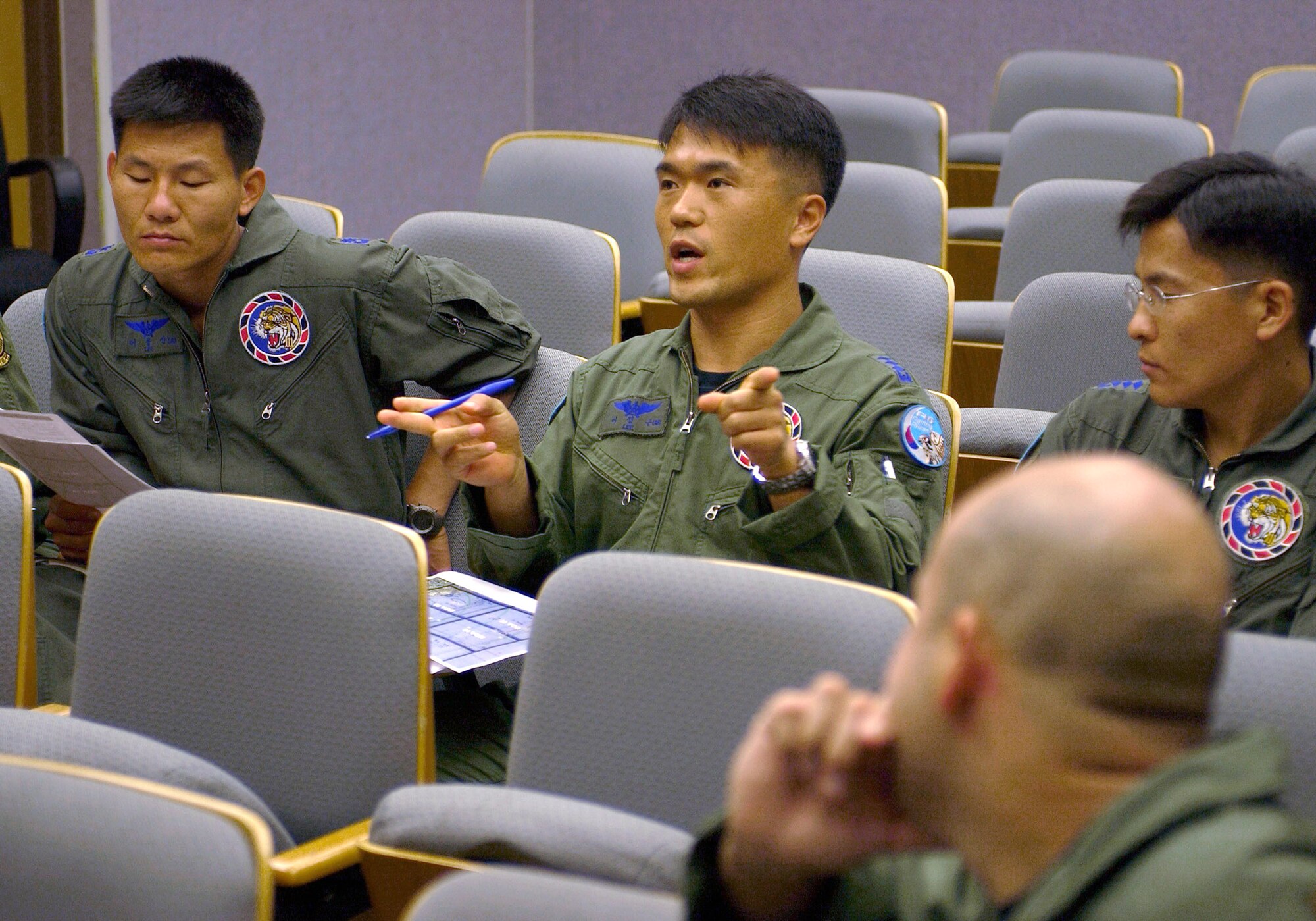 Capt. Jueng Geun Lee participates in a joint training excercise with members of the 8th Fighter Wing here June 8 at Kunsan Air Base, South Korea. This is the first time since the South Korean 111th Fighter Squadron moved to Kunsan AB that the South Korean and American units have briefed, flown and debriefed together on a dedicated mission. Captain Lee is a South Korean air force 111th Fighter Squadron pilot. (U.S. Air Force photo/Staff Sgt. Darcie Ibidapo)
