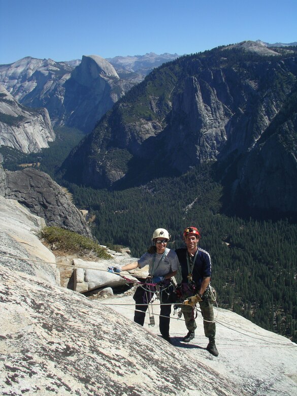 Julie and her husband, Dr. Alan Hale, prepare to rappel down the fact of El Capitan, a 3,000 foot vertical rock formation in Yosemite National Park, Calif. Dr. Hale is an Aerospace Testing Alliance (ATA) analysis engineer at the Arnold Engineering Development Center. ATA is the support contractor for the center. (Photo provided)