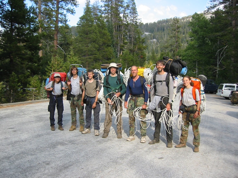 Before starting on their 12-mile trek to rappel down El Capitan, in Yosemite National Park, Calif., climbers assemble for a group shot with (from left) Julie Hale, Kevin O’Connor, Joseph Hale (youngest son), John Kerr, Dr. Alan Hale, Peter LaRue and Vanessa Hale. Between them they are carrying a total of 500 pounds of gear. Dr. Hale is an Aerospace Testing Alliance (ATA) analysis engineer at the Air Force's Arnold Engineering Development Center, Arnold Air Force Base, Tenn. ATA is the support contractor for AEDC. (Photo provided)