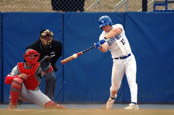 Karl Bolt, then a senior cadet at the U.S. Air Force Academy, connects on the first of his two home runs during a game March 22, 2007 against San Diego State.  Bolt was selected by the Philadelphia Phillies in the 15th round of the 2007 Major League Baseball Amateur Draft June 8. Learn about the aerospace principles of throwing a curve ball at Family Day on Sat. June 16, 2018. (U.S. Air Force photo/Mike Kaplan)