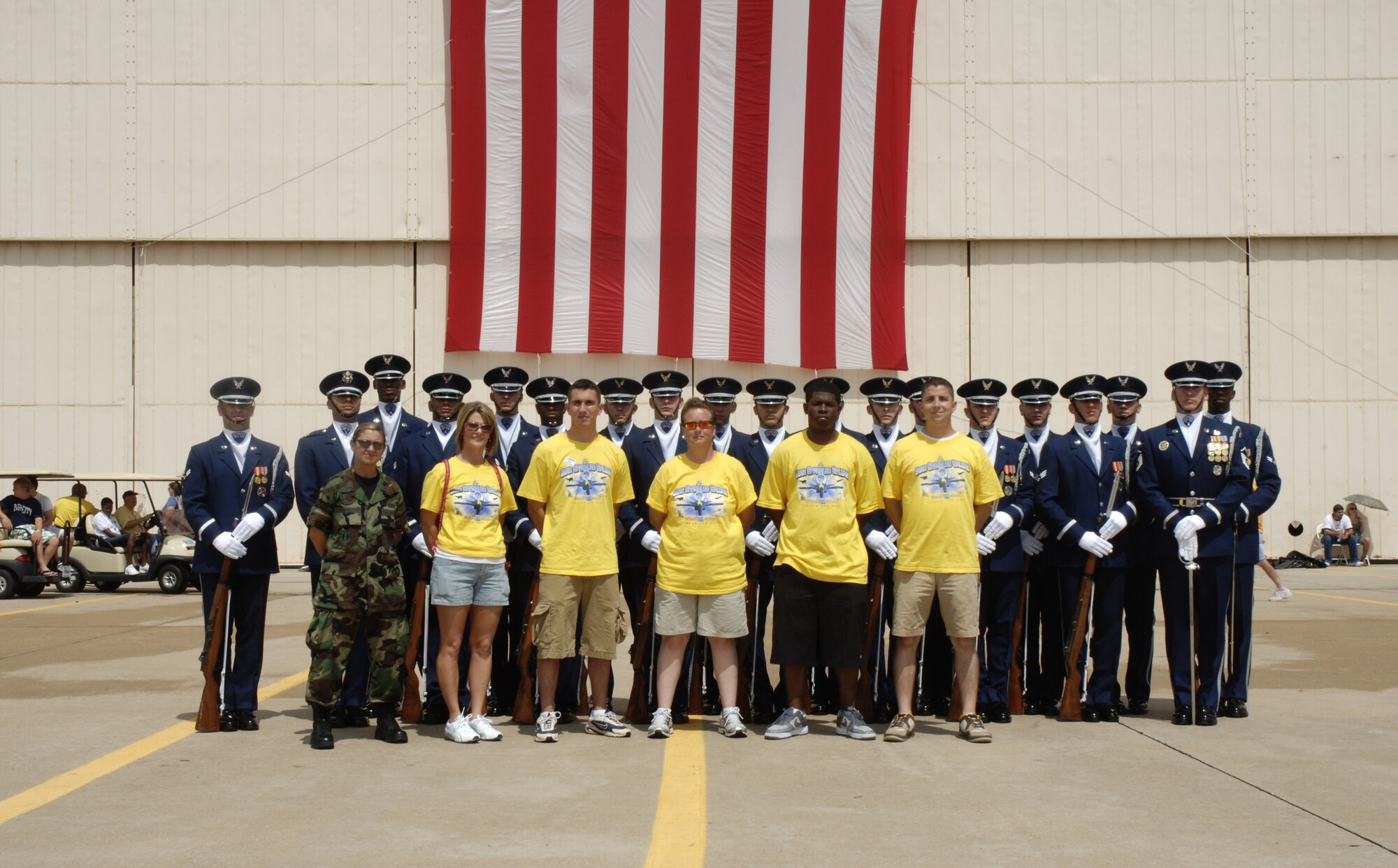 TINKER AFB, Okla. - The Air Force Honor Guard Drill Team poses with members from the Tinker AFB Base Honor Guard. The Drill Team performed at Tinker AFB's Star Spangled Salute Air Show, on June 9th and 10th, along with the Air Force's Tops in Blue and the Navy Blue Angels. The air show events celebrated the Air Force's 60th anniversary and Oklahoma's Centennial. (U.S. Air Force Honor Guard photo by Senior Airman Nestor Bauer)(Released)