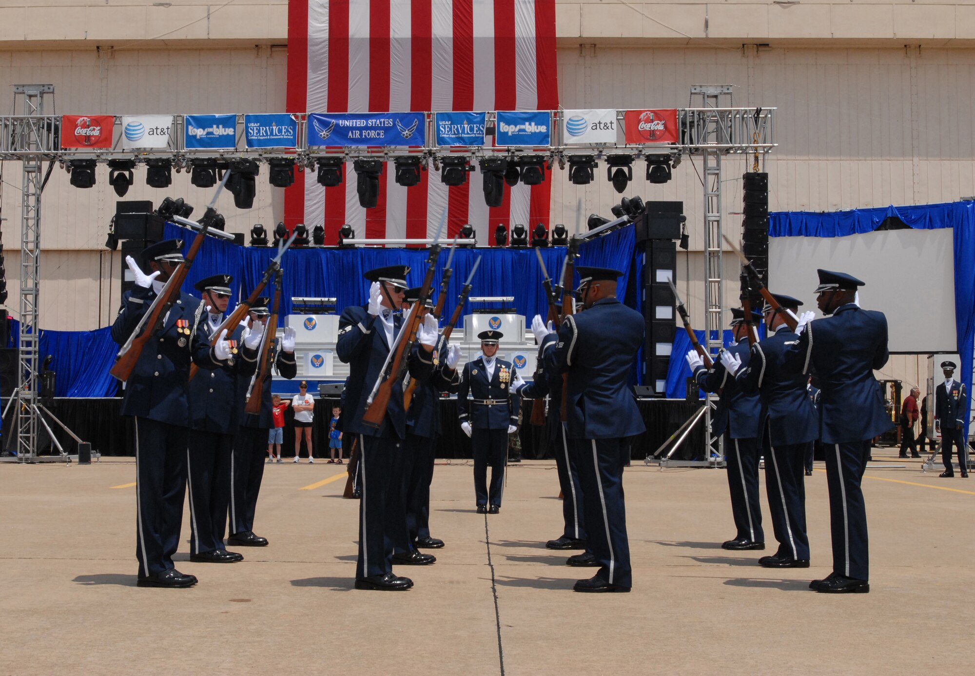 TINKER AFB, Okla. - The Air Force Honor Guard Drill Team performs their side double maneuver at Tinker AFB's Star Spangled Salute. The Drill Team is the traveling component of the Air Force Honor Guard and tours Air Force bases world wide showcasing the precision of today's Air Force to recruit, retain, and inspire Airmen for the Air Force mission. (U.S. Air Force Honor Guard photo by Senior Airman Nestor Bauer)(Released)