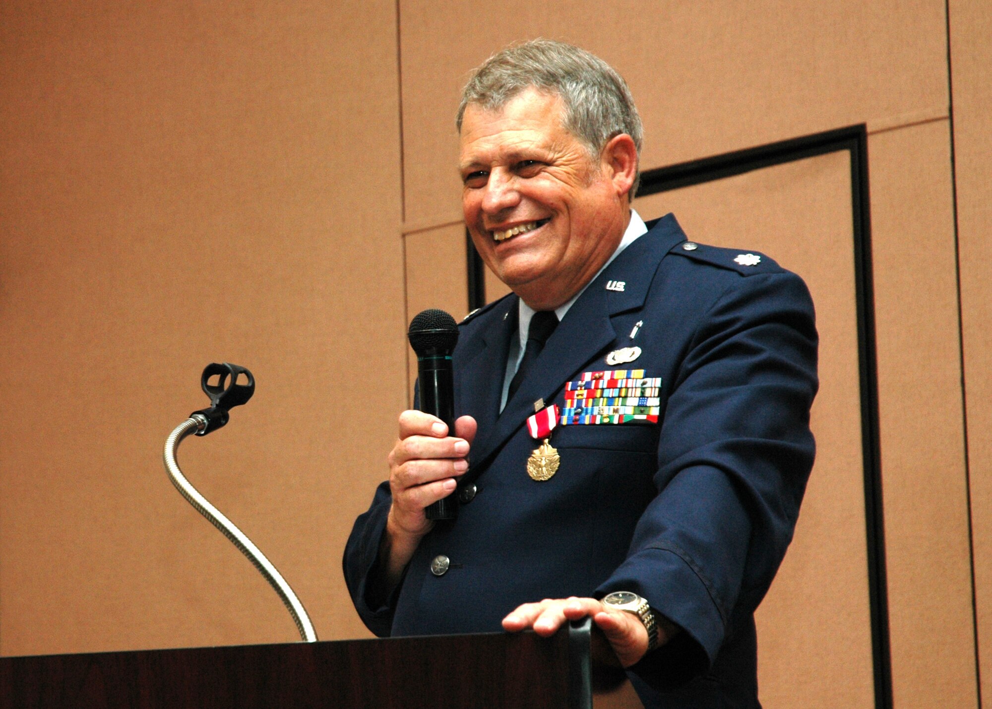 Air Force Reservist Chaplain Lt. Col. Michael Murphy conveys his sentiments at his retirement ceremony during a Unit Training Assembly weekend at Beale Air Force Base, Calif. Although he joked about being grounded by a broken aircraft "stuck" for weeks at Hickam AFB, Hawaii and other highlights of his career, the Chaplain lauded his 940th Air Refueling Wing chapel staff and the unit, saying there was "no better place to be" during these difficult times. The dynamic spiritual leader for the 940th ARW retired in June with more than 25 years of military service. Murphy will be going on sabbatical to Ireland sponsored by his parish at the Lutheran Church of the Ascension in Citrus Heights, Calif. (U.S. Air Force Photo/ Staff Sgt. Luke Johnson)
