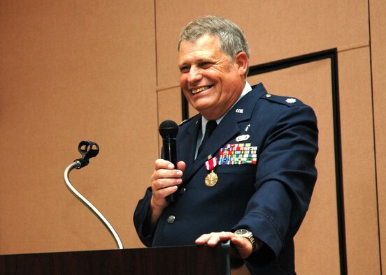 Air Force Reservist Chaplain Lt. Col. Michael Murphy conveys his sentiments at his retirement ceremony during a Unit Training Assembly weekend at Beale Air Force Base, Calif. Although he joked about being grounded by a broken aircraft "stuck" for weeks at Hickam AFB, Hawaii and other highlights of his career, the Chaplain lauded his 940th Air Refueling Wing chapel staff and the unit, saying there was "no better place to be" during these difficult times. The dynamic spiritual leader for the 940th ARW retired in June with more than 25 years of military service. Murphy will be going on sabbatical to Ireland sponsored by his parish at the Lutheran Church of the Ascension in Citrus Heights, Calif. (U.S. Air Force Photo/ Staff Sgt. Luke Johnson)
