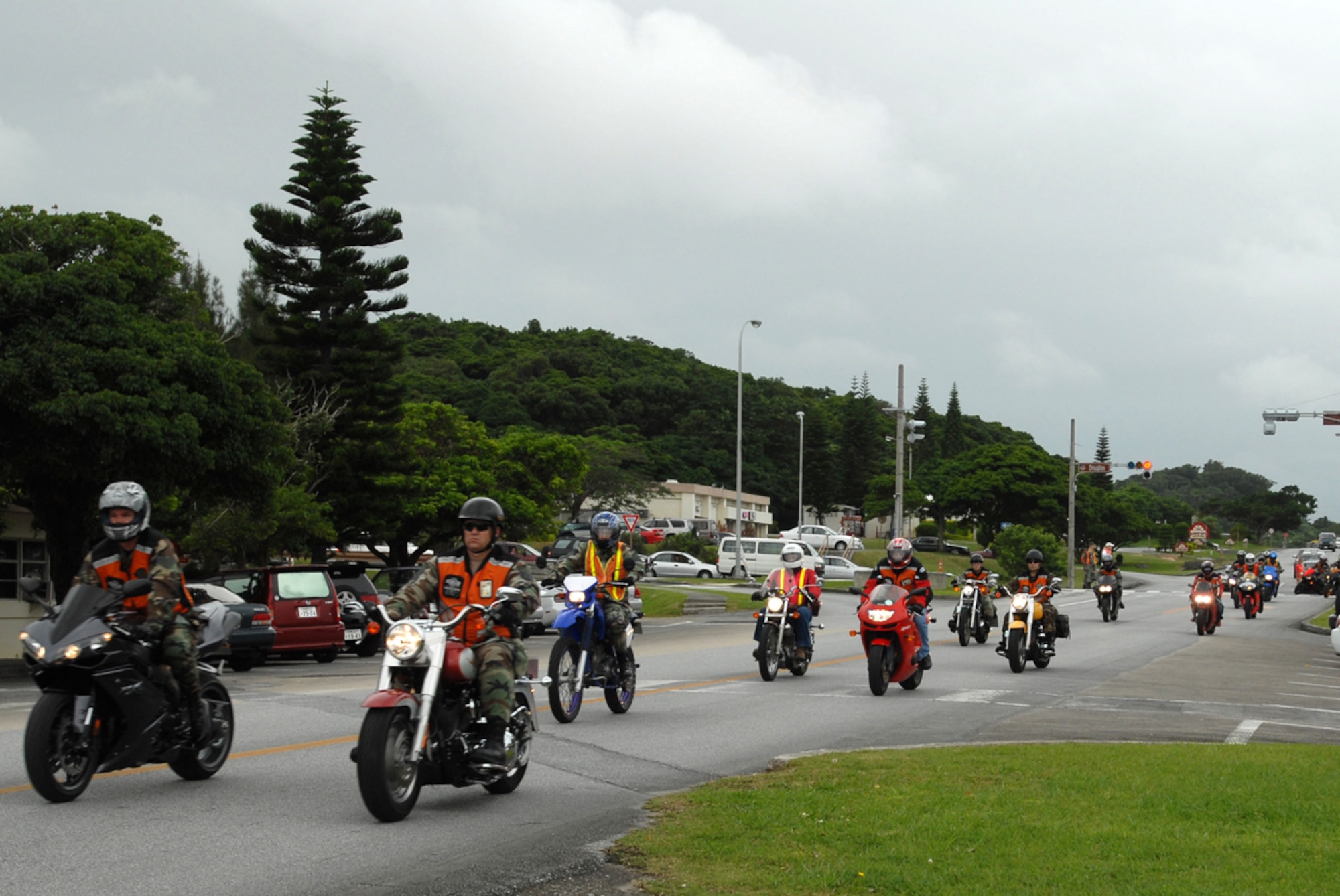 Motorcyclists from Kadena Air Base, Japan, gather for the first annual Motorcycle Group Ride June 5. About 75 people participated in the ride which followed a motorcycle all-call where all base riders were given the latest mishap prevention information.
(U.S. Air Force/Airman 1st Class Kasey Zickmund)