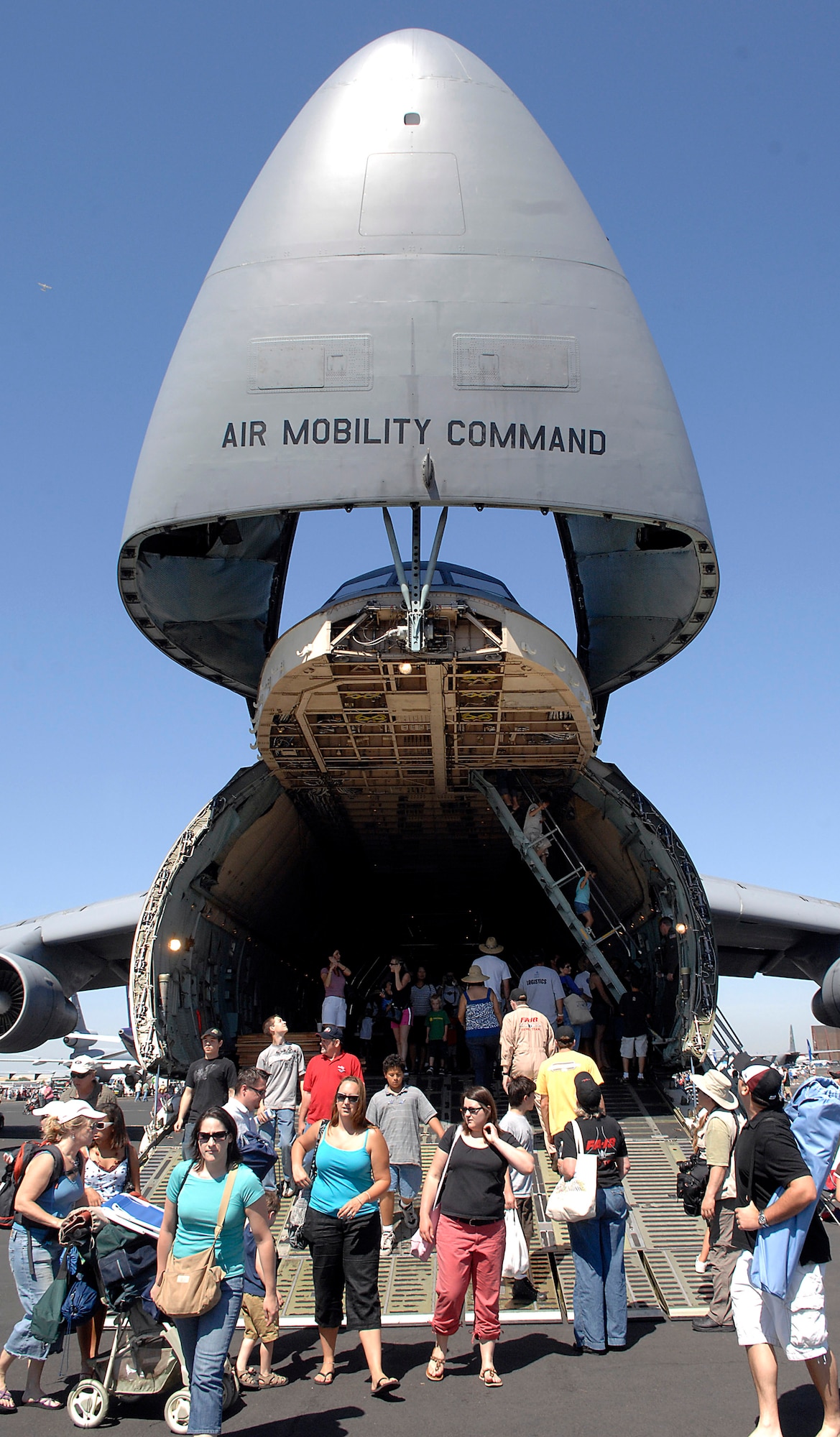 Spectators had the opportunity to tour a C-5 Galaxy at the California Capital Air Show in Sacramento, Calif., June 9. The air show was the last event of Air Force Week California. The purpose of Air Force Week is to inform and educate the American public about the importance and roles of the Air Force in America's national defense. More than 50,000 people attended the air show featuring the Air Force Thunderbirds and numerous Air Force aircraft. (U.S. Air Force photo/Tech. Sgt. Larry A. Simmons)
