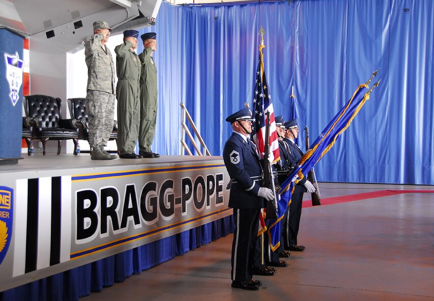 (From left) Maj. Gen. Martin M. Mazick, 22nd Air Force commander; Col. Merle D. Hart 440th Airlift Wing commander; and Col. Timothy Zadalis, 43rd AW commander, salute during the playing of the National Anthem at the 440th AW?s relocation ceremony at Pope Air Force Base, N.C., June 10, 2007. (U.S. Air Force photo/Joe Oliva)