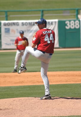 Davis-Monthan Mustangs starting pitcher Travis Sanford prepares to deliver a pitch during the June 8 rivalry game between D-M and the Luke Air Force Base Fighting Falcons at Tucson Electric Park. Sanford pitched five innings and went 2-for-4 at the plate with a double, a single and two RBI. (U.S. Air Force photo/Airman 1st Class Alesia D. Goosic)
