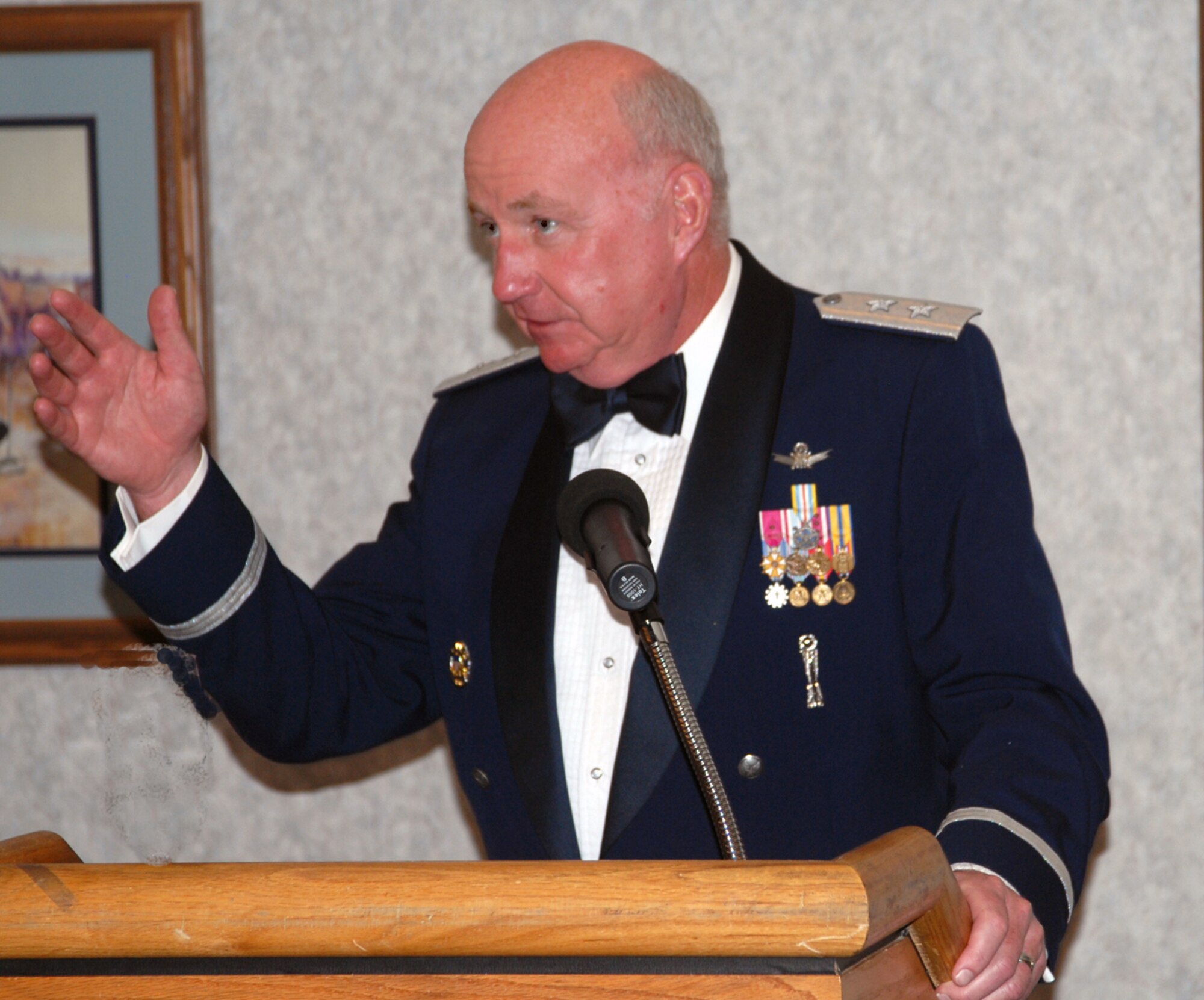 Maj. Gen. Tom Deppe, Twentieth Air Force commander, talks about his time in the 20th AF during the 20th AF dining out June 2 at the Trail’s End Club. Guest speaker Chief Master Sgt. Mike Sullivan, Air Force Space Command command chief, also spoke about his time in the Air Force and why missile bases are an essential part of the Air Force (Photo by Shelley Raffl).