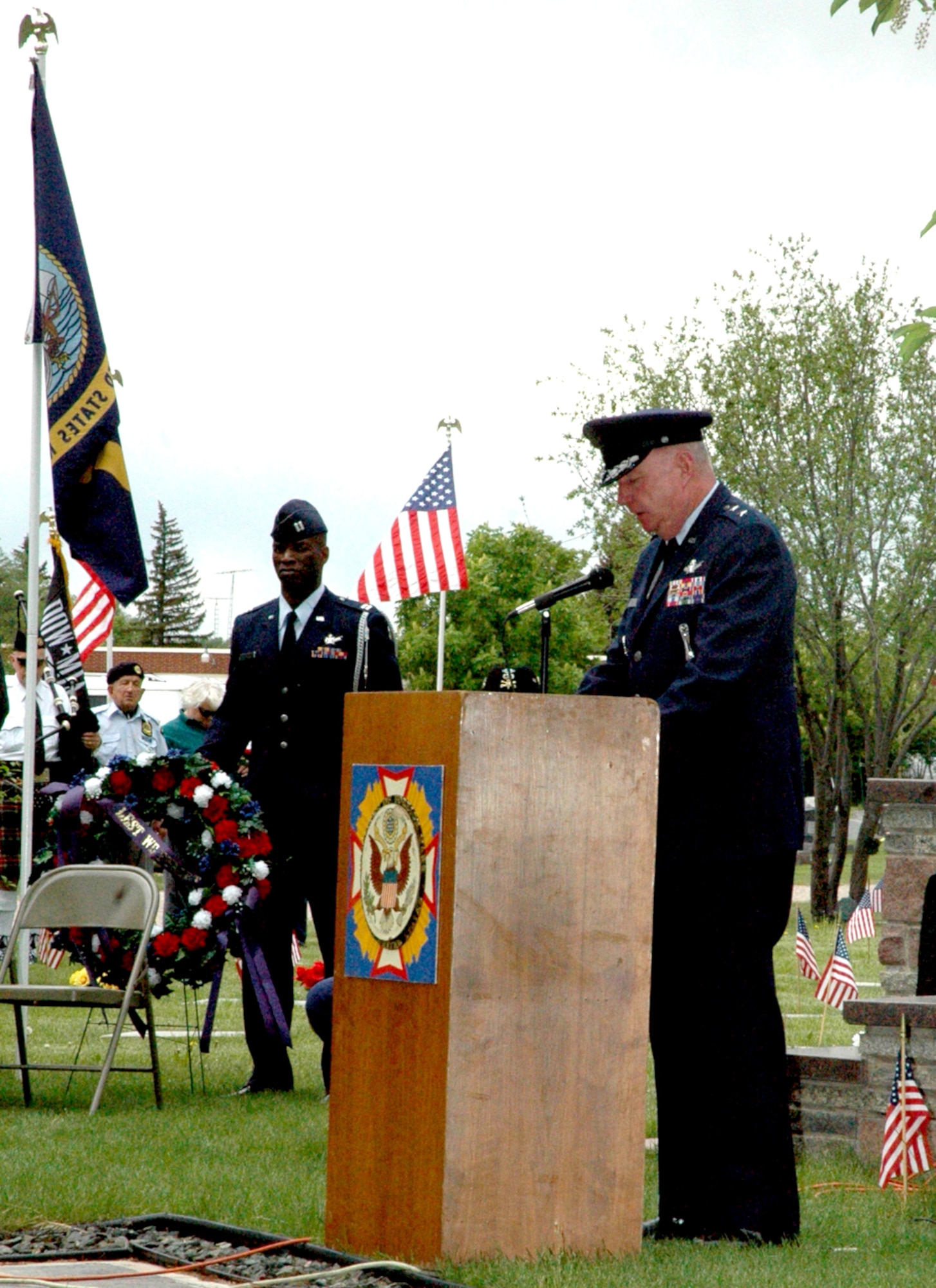 Maj. Gen. Thomas Deppe, 20th Air Force commander, addresses a crowd at the 51st Observance Memorial Day Service at the Beth El Cemetery in Cheyenne Monday. The Memorial Day service also included a presentation of wreaths by numerous organizations around Cheyenne, a 21-gun salute by the American Legion Post 6 Honor Guard and a flag folding ceremony by the Warren Honor Guard (Photo by Staff Sgt. Chad Thompson).