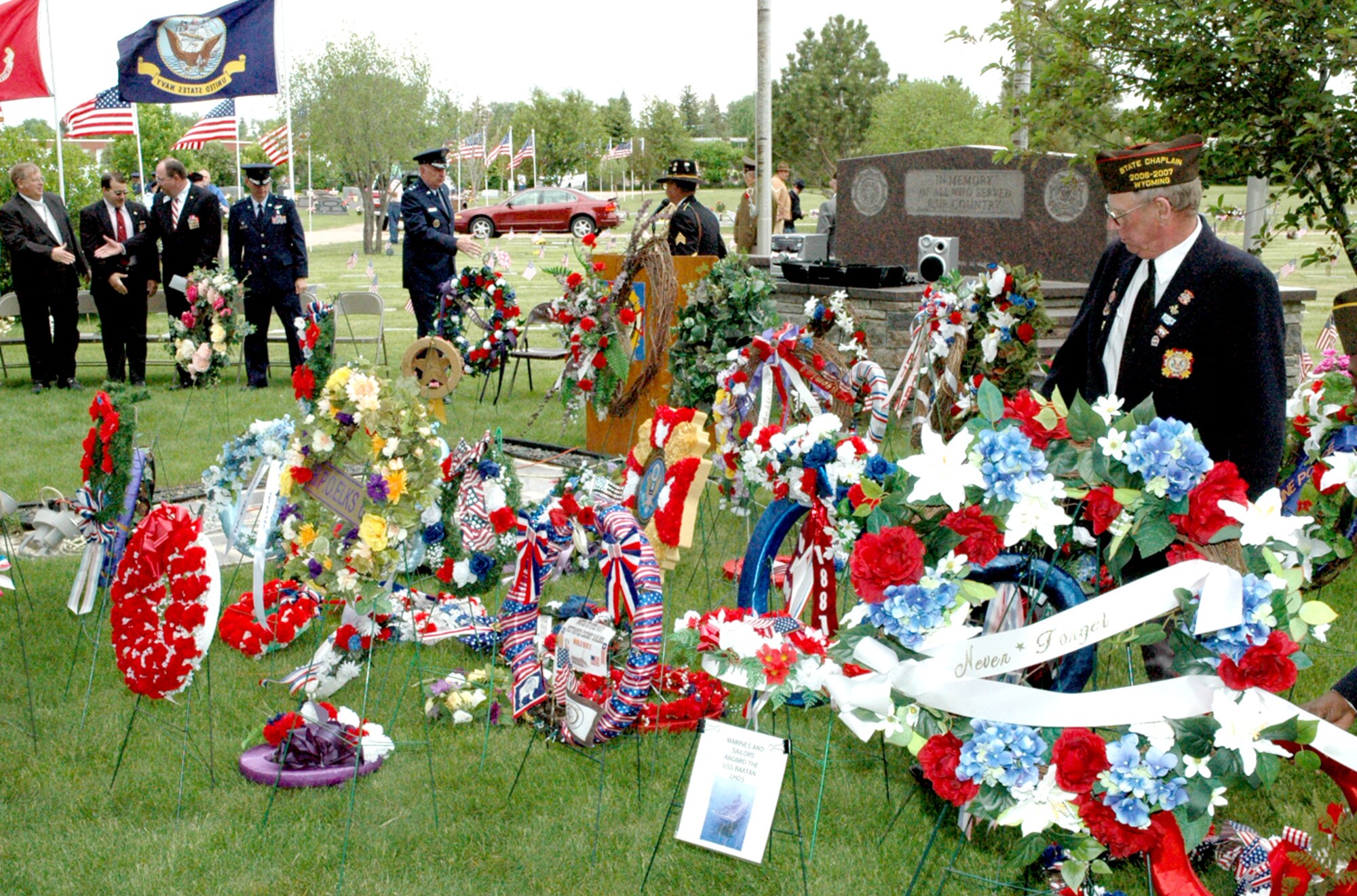 Organizations from Warren and Cheyenne came out to support the 51st Observance Memorial Day Service at Beth El Cemetery Monday. They paid their respects by laying wreathes to honor those who have fallen fighting for freedom (Photo by Staff Sgt. Chad Thompson).