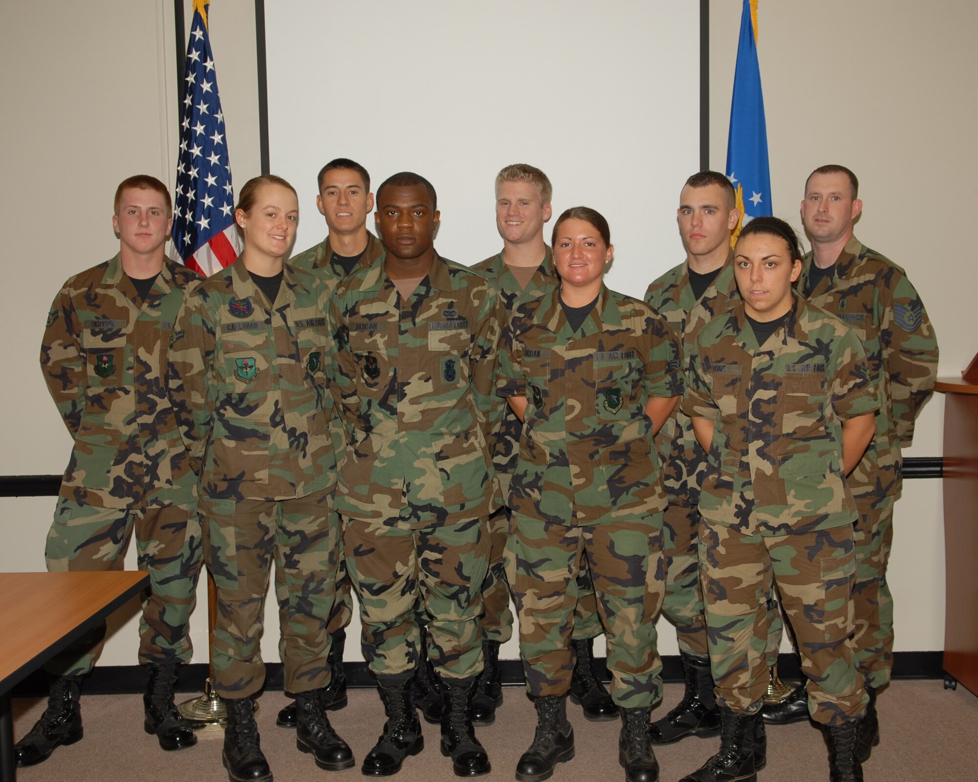 The 14th Flying Training Wing welcomes the newest graduates of the First Term Airman’s Center.
Pictured are: (front row) Airman 1st Class Jennifer Callahan, 14th Medical Operations Squadron, Airman Basic Willie Johnson, 14th Security Forces Squadron, Airman 1st Class Teresa Jordan, 14th Comptroller Squadron, Airman 1st Class Billie Stone, 14th  Operations Support Squadron (back row) Airman 1st Class Seth Skrypek, 14th OSS, Airman 1st Class Joseph Quinones, 14th OSS, Airman 1st Class Ryan Dees, 14th OSS, Airman 1st Class Ryan Allen, 14th OSS and Class Leader, and Tech. Sgt, Brian Bailey, FTAC Instructor.

