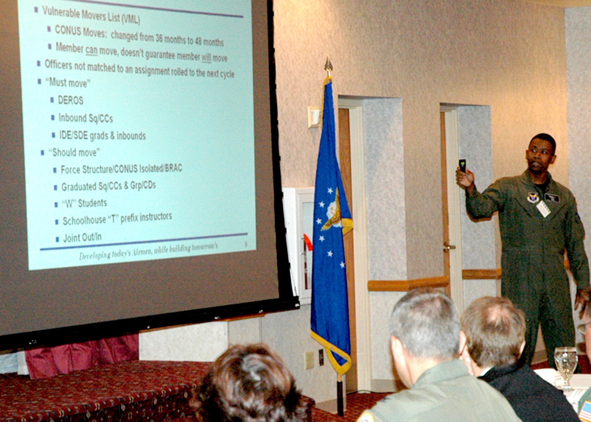 Maj. Eric Yarrell, Air Force Personnel Center, discusses personnel issues to attendees of the 2007 Air Force Space Professional Development Symposium May 23. The symposium was held May 23 and 24 with an audience of about 160 people (Photo by Airman 1st Class Daryl Knee).