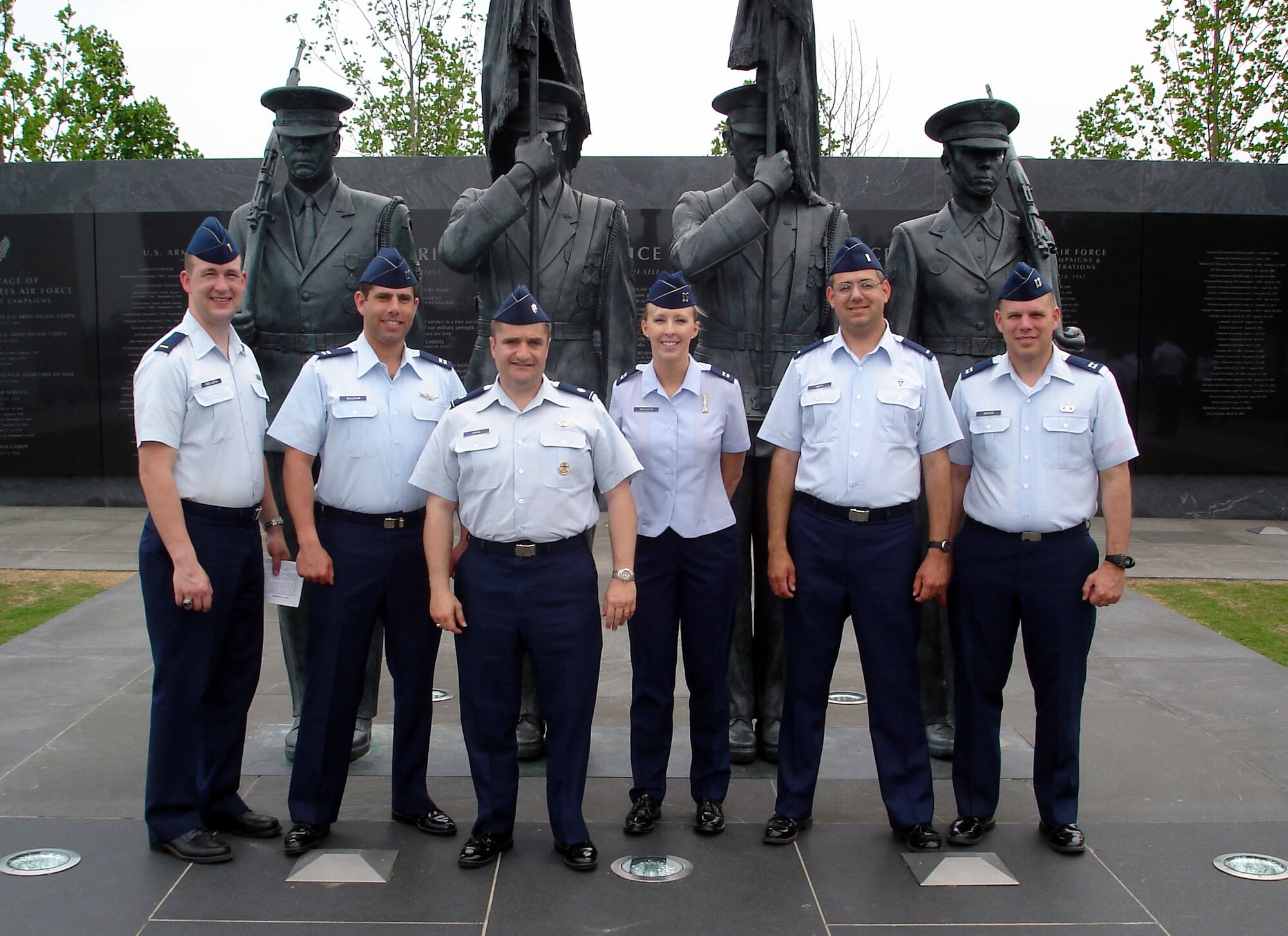 From the left: 2nd Lt. Zeph Czelusta, 90th Security Forces Group; Capt. Andrew Salloum, 319th Missile Squadron; Lt. Col. Zannis Pappas, 90th Operations Support Squadron; Capt. Naomi Weaver, 90th Maintenance Operations Squadron; Chaplain (1st Lt.) Kraig Smith, 90th Space Wing; and Capt. Andrew Mercer, 90th OSS visited Washington, D.C., for the 2007 Air Force Company Grade Officers Councils’ Professional Development Conference (Courtesy photo).