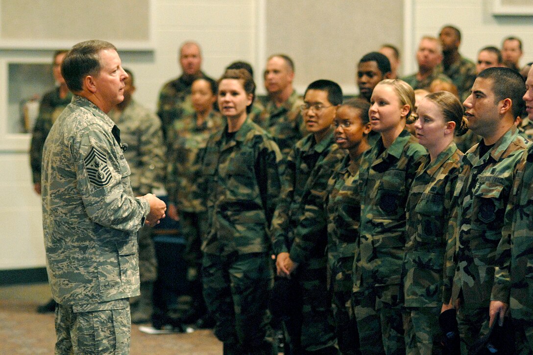 Chief Master Sergeant of the Air Force Rodney J. McKinley held an enlisted call June 6 at Peterson Air Force Base, Colo. Chief McKinley addressed the Air Force Shaping Initiative, new uniforms, training and other Air Force priorities. (U.S. Air Force photo/Larry Hulst)