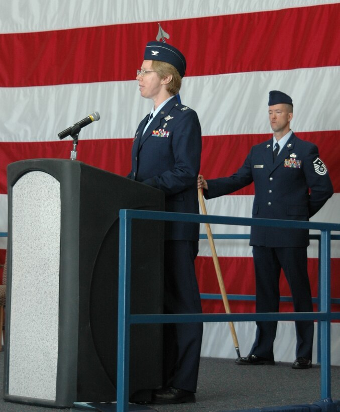 Col. Naomi Boss, 28th Medical Group commander, gives a speech during the medical group change of command here June 4. Colonel Boss assumed command of the 28th Medical Group from Col. Ron Dornin. Colonel Boss will now command more than 250 active-duty military and civilian members. (U.S. Air Force photo/Tech. Sgt. Todd Wivell)